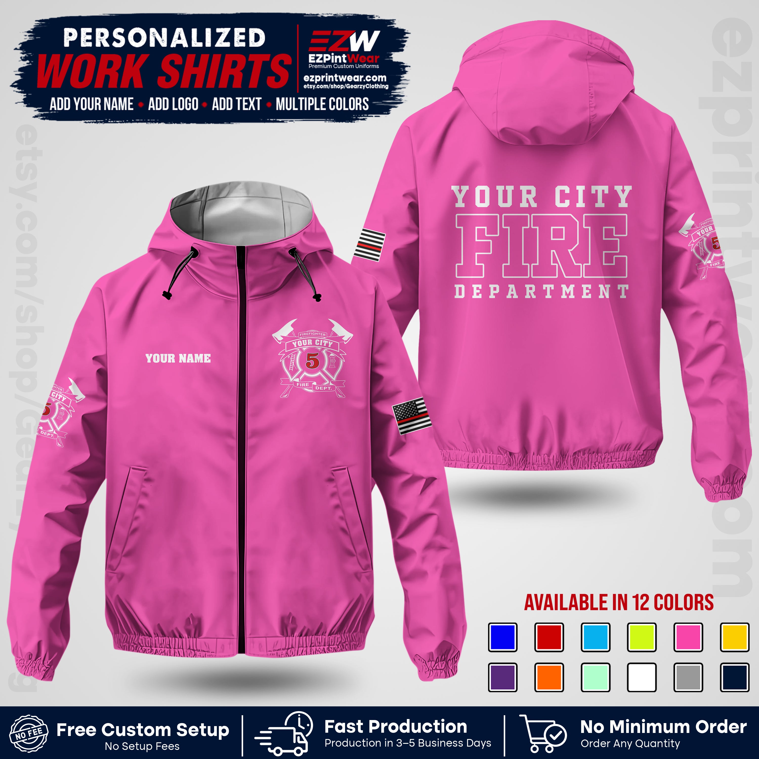 Custom Firefighter Windbreaker Jacket with Name, City Logo & Text | Fire Department Uniform | Employee Workwear FFJK07