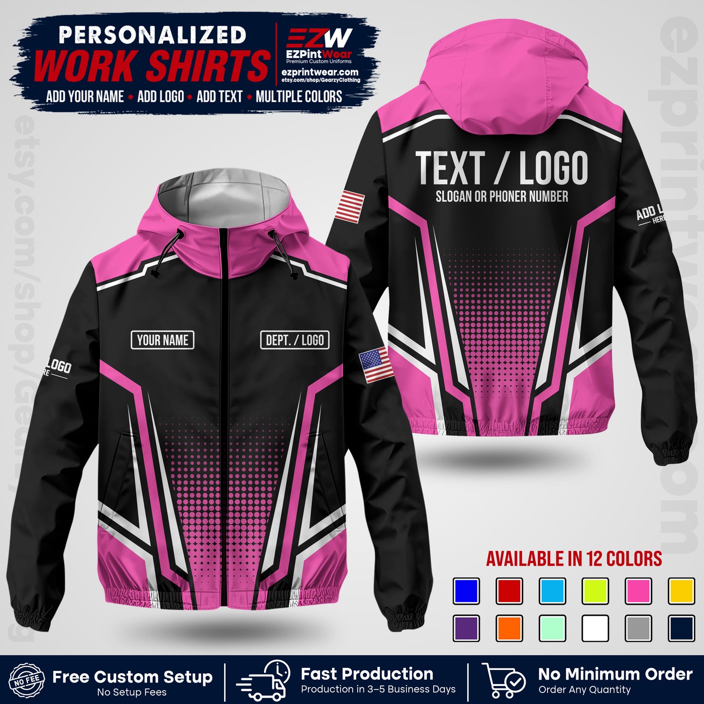 Custom Windbreaker Jacket with Name, Logo & Text, All Over Print Company Workwear, Employee Uniform WBJK17