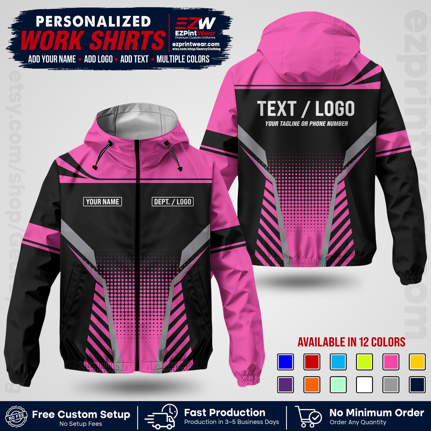 Custom Windbreaker Jacket with Name, Logo & Text, All Over Print Company Workwear, Employee Uniform WBJK08