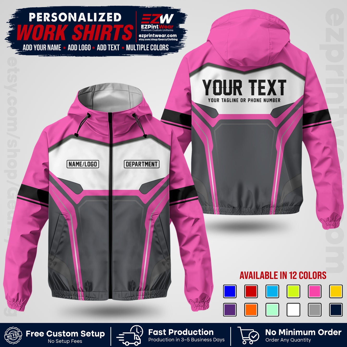 Custom Windbreaker Jacket with Name, Logo & Text, All Over Print Company Workwear, Employee Uniform WBJK06