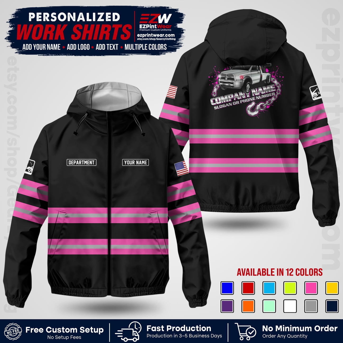 Custom Towing Windbreaker Jacket | Personalized Tow Truck Workwear | Non-Reflective Safety Stripe Jacket | Add Name Logo Text | Custom Windbreaker Jacket | Tow Truck Jacket TWJK 05