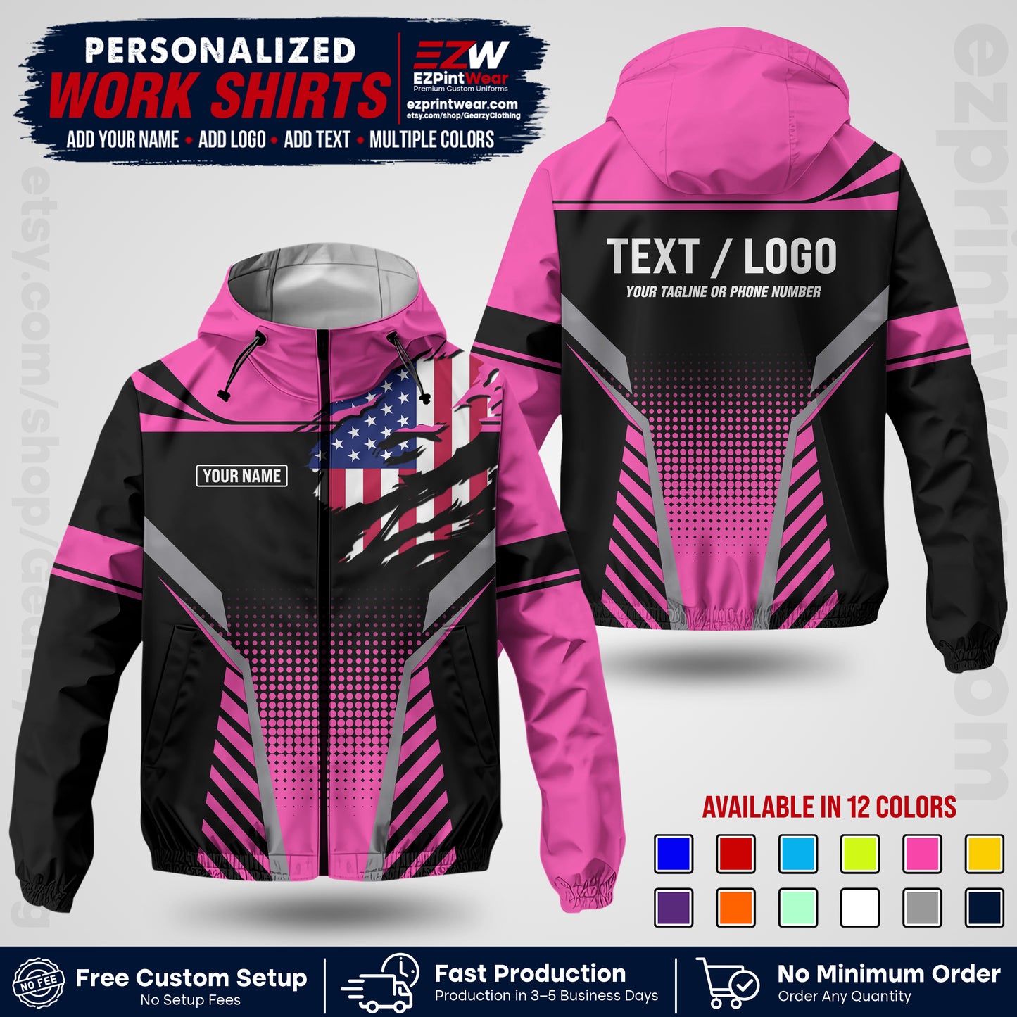 Custom Windbreaker Jacket with Name, Logo & Text, All Over Print Company Workwear, Employee Uniform WBJK07