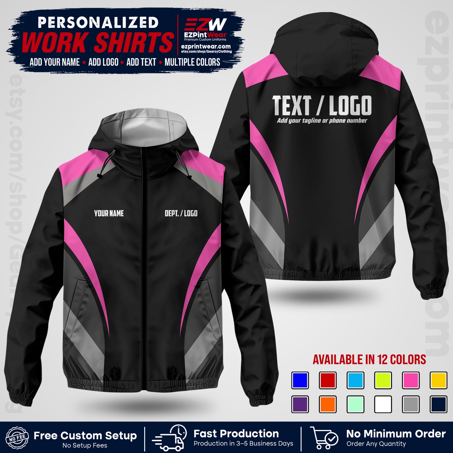 Custom Windbreaker Jacket with Name, Logo & Text, All Over Print Company Workwear, Employee Uniform WBJK04