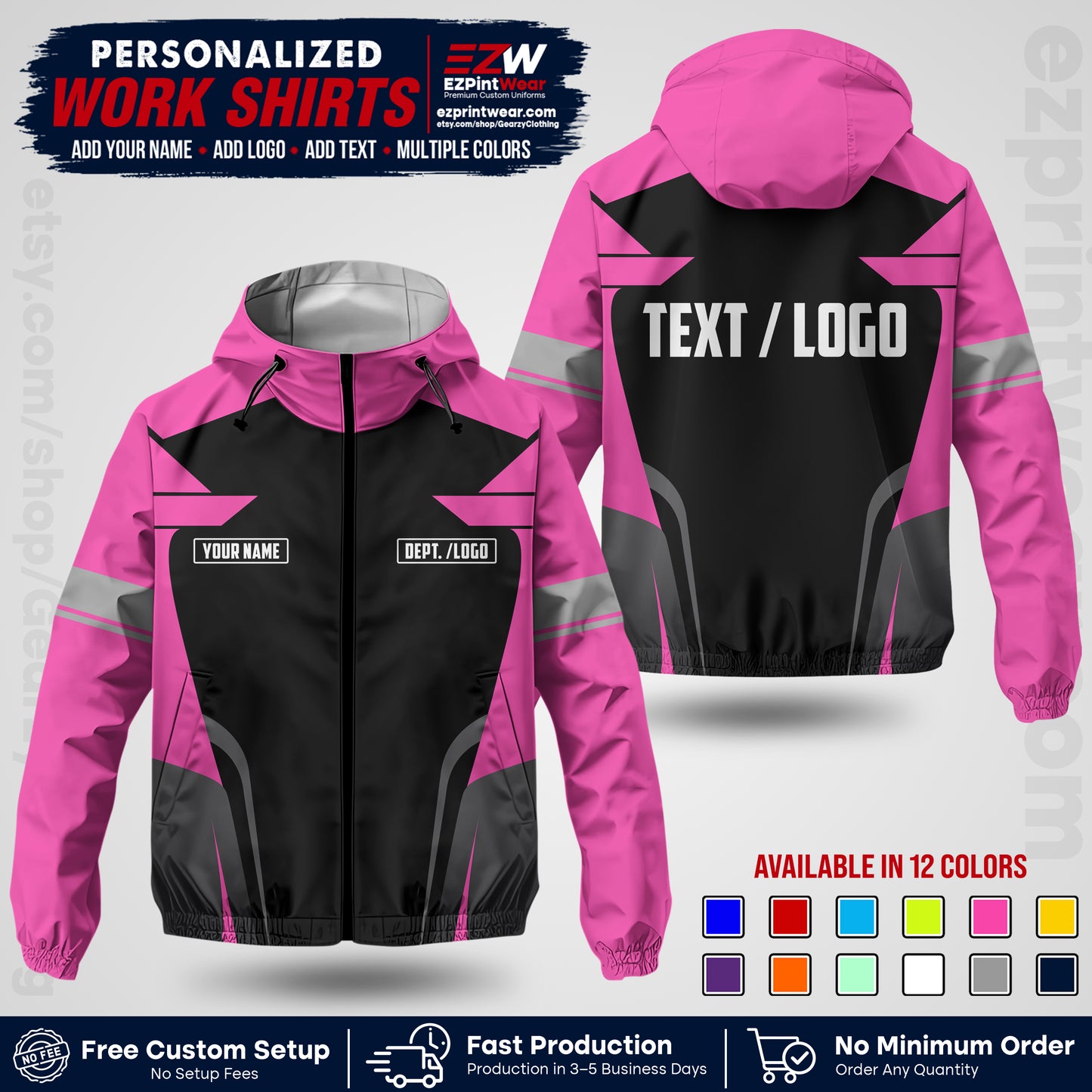 Custom Windbreaker Jacket with Name, Logo & Text, All Over Print Company Workwear, Employee Uniform WBJK02