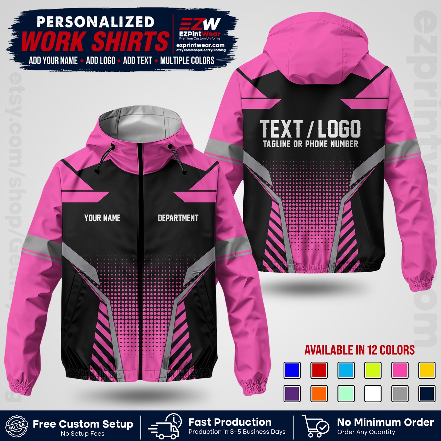 Custom Windbreaker Jacket with Name, Logo & Text, All Over Print Company Workwear, Employee Uniform WBJK01
