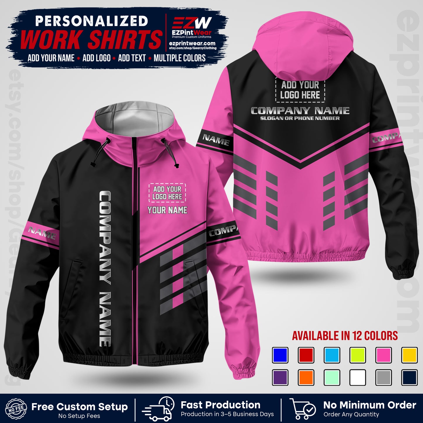 Custom Windbreaker Jacket with Name, Logo & Text, All Over Print Company Workwear, Employee Uniform WBJK09