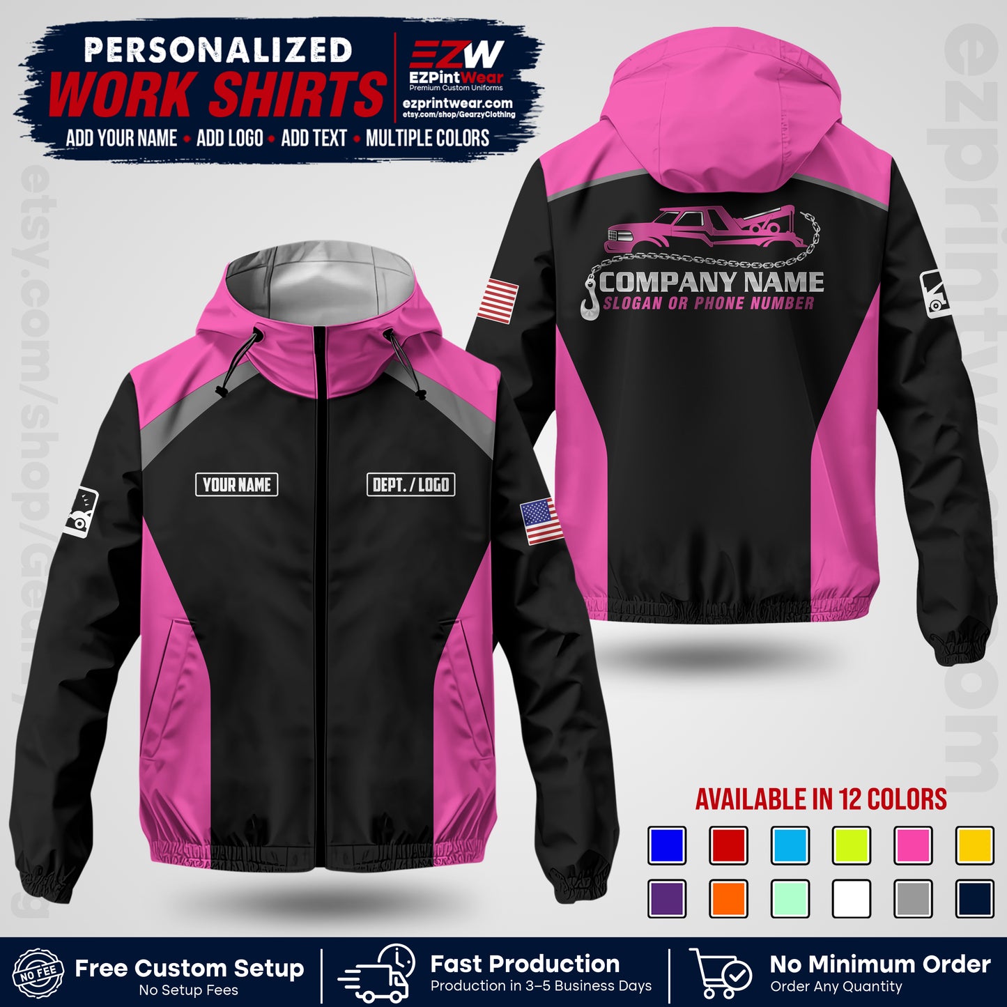 Custom Towing Windbreaker Jacket with Name, Logo & Text | Towing Company Uniform | Workwear TWJK 01
