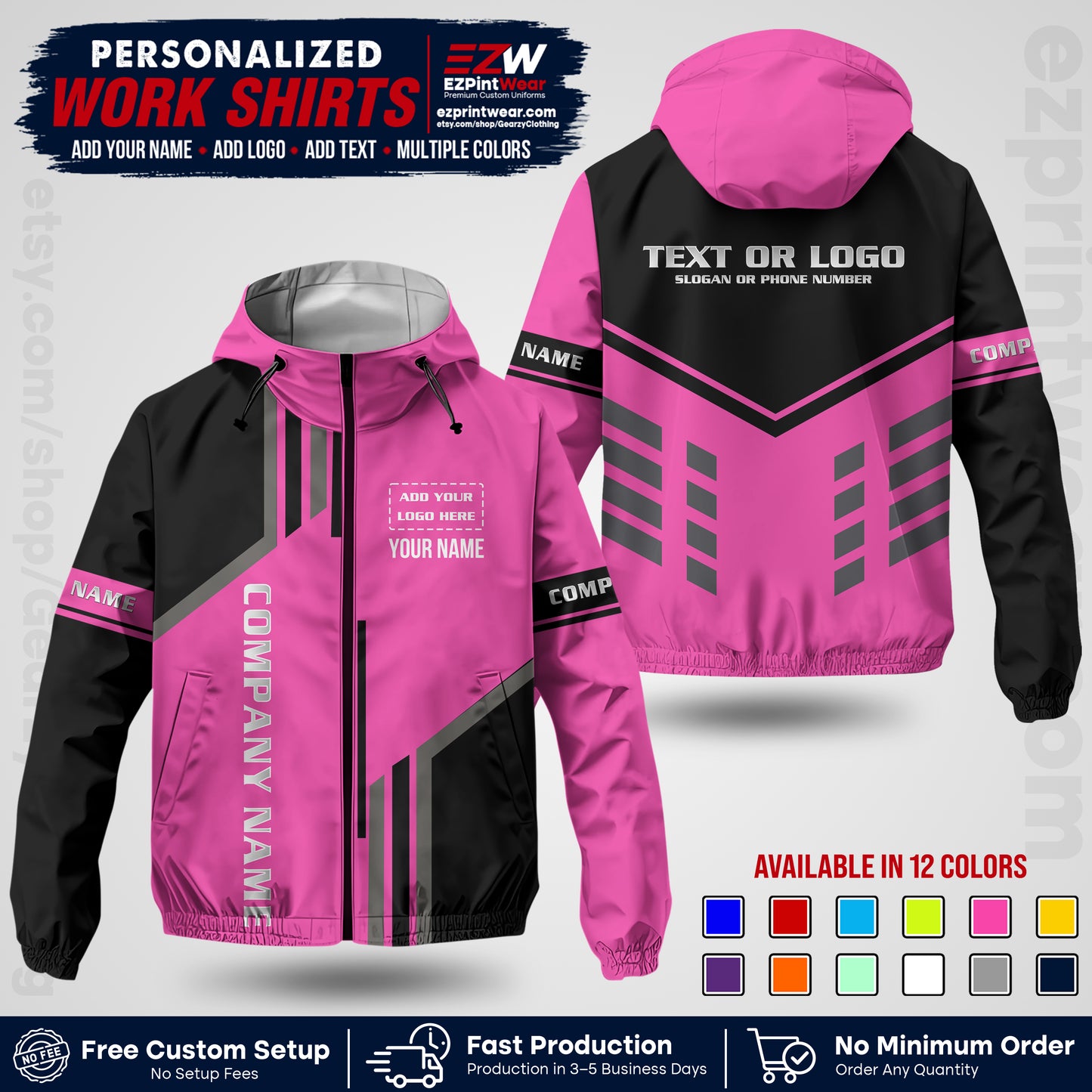 Custom Windbreaker Jacket with Name, Logo & Text, All Over Print Company Workwear, Employee Uniform WBJK10