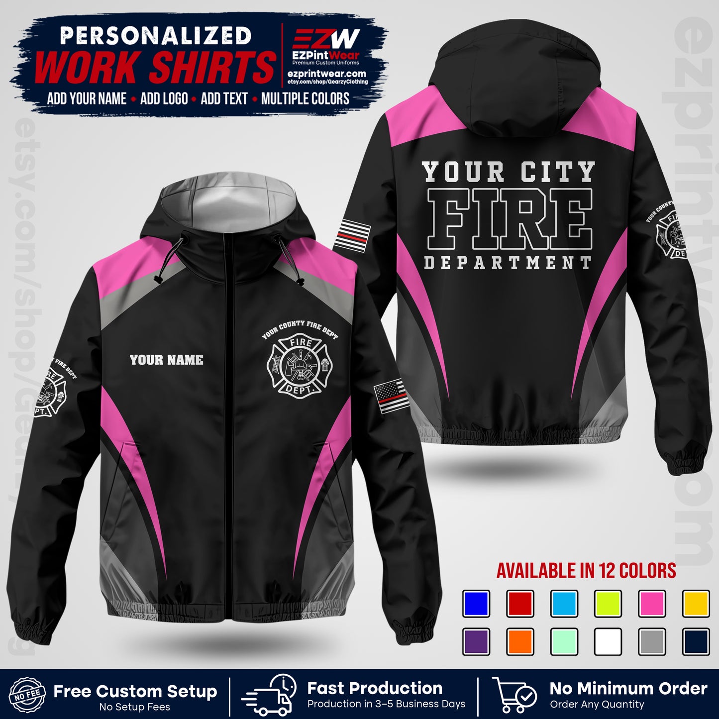 Custom Firefighter Windbreaker Jacket with Name, City Logo & Text | Fire Department Uniform | Employee Workwear FFJK02