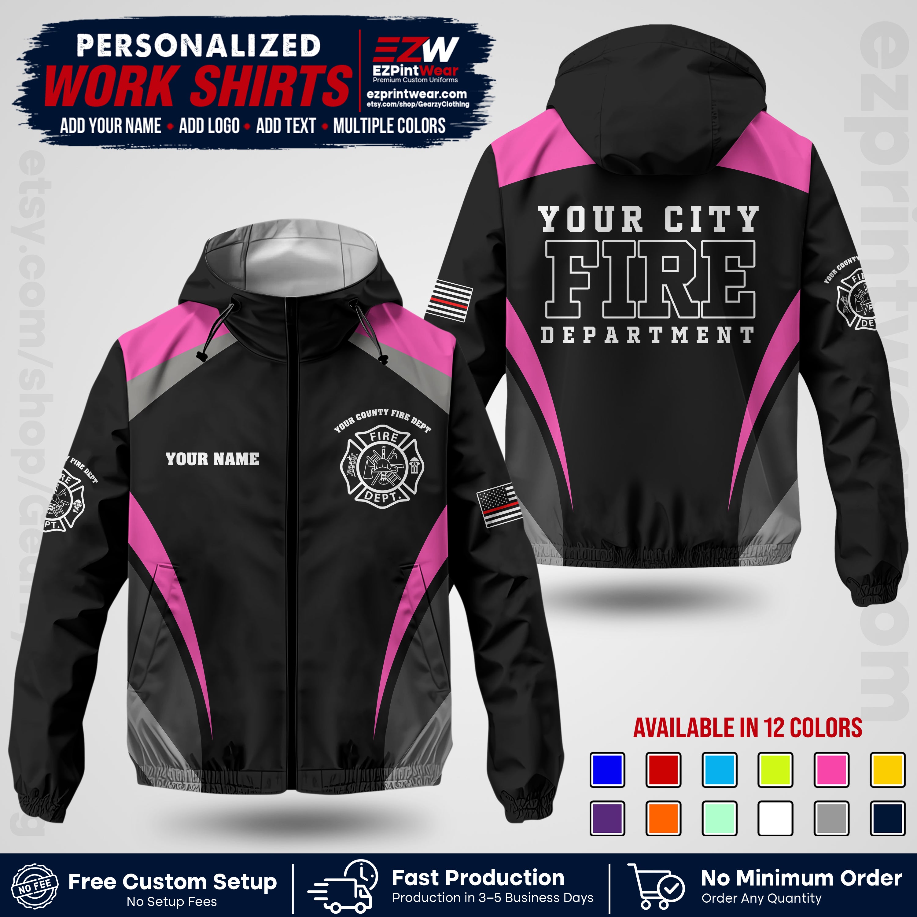 Custom Firefighter Windbreaker Jacket with Name, City Logo & Text | Fire Department Uniform | Employee Workwear FFJK02