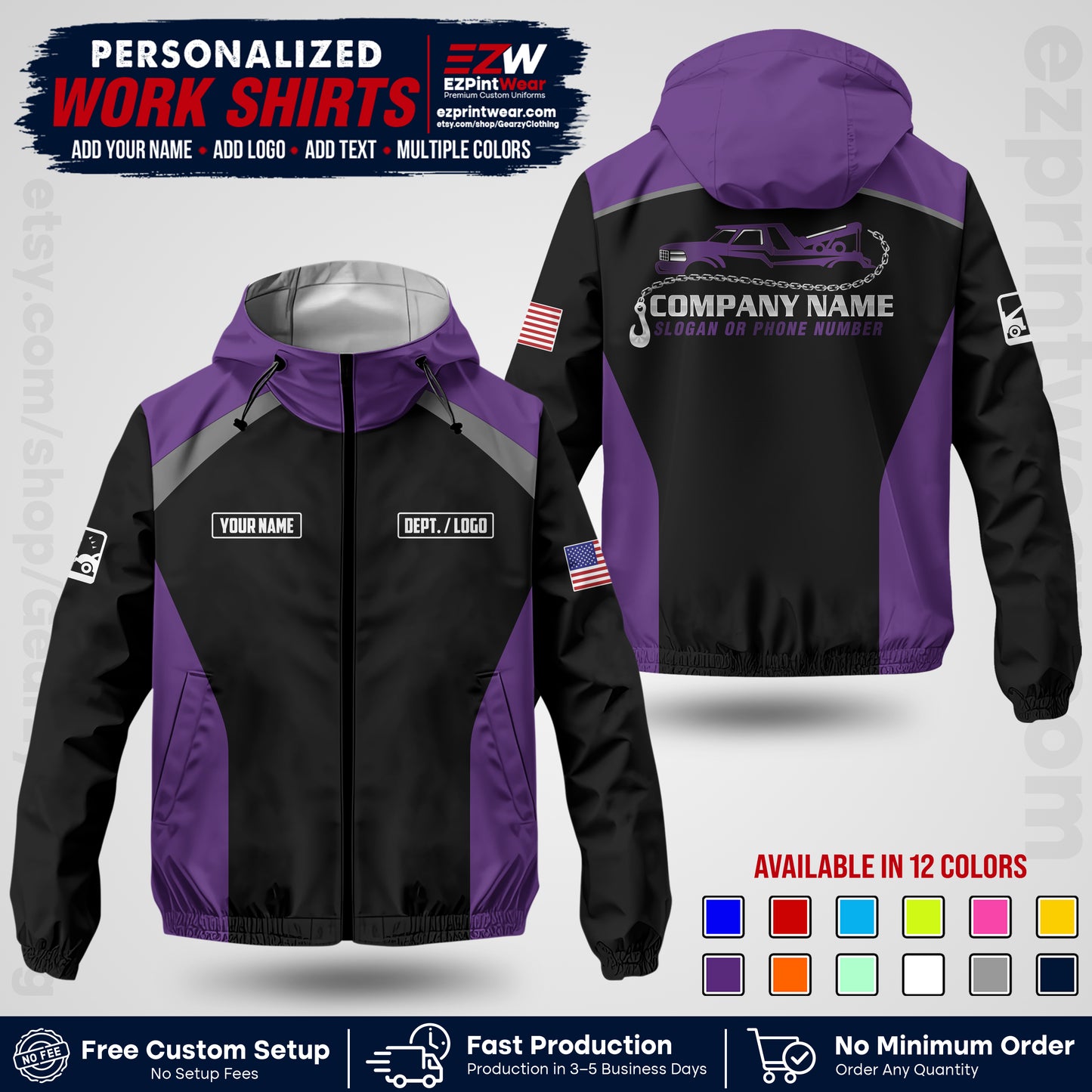 Custom Towing Windbreaker Jacket with Name, Logo & Text | Towing Company Uniform | Workwear TWJK 01