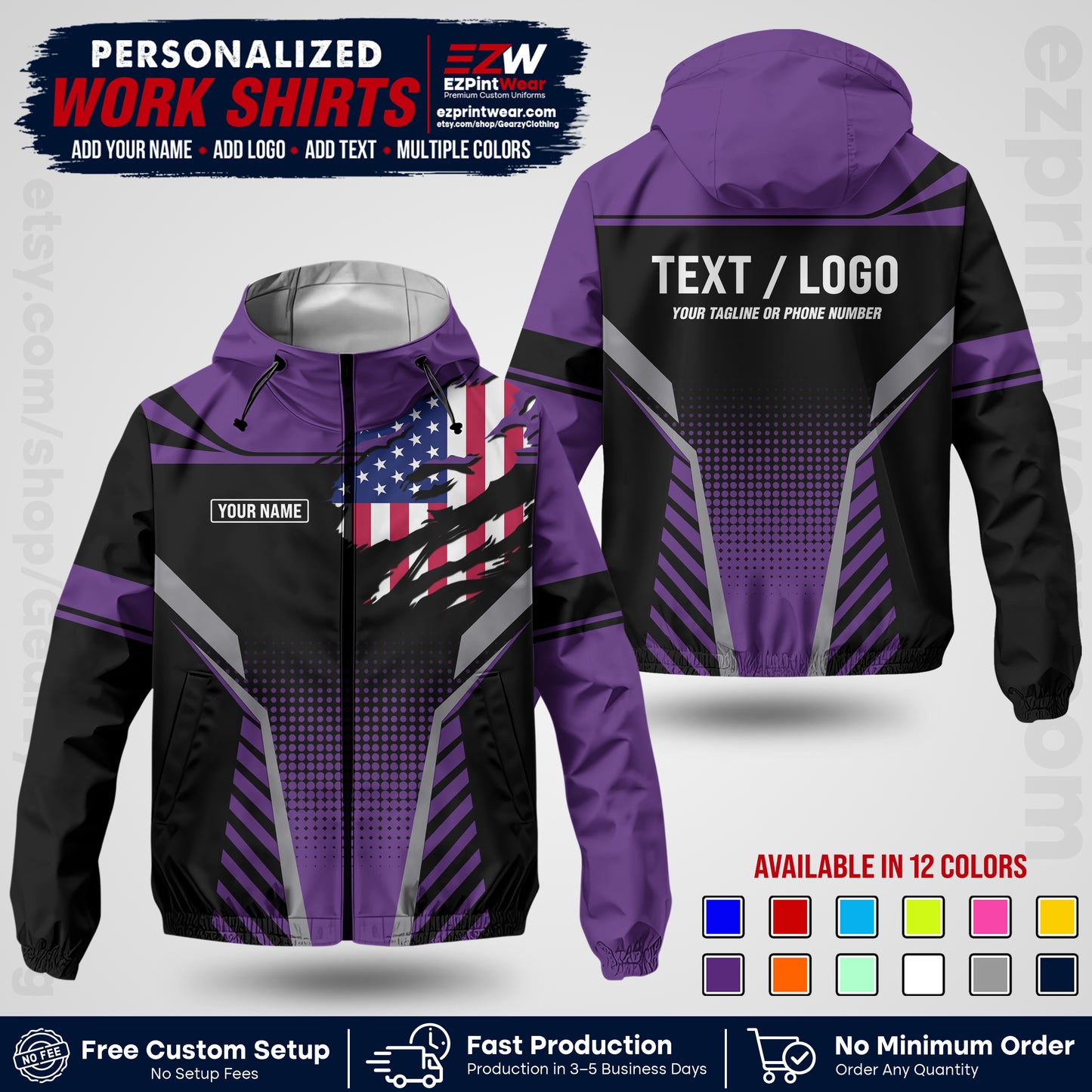 Custom Windbreaker Jacket with Name, Logo & Text, All Over Print Company Workwear, Employee Uniform WBJK07