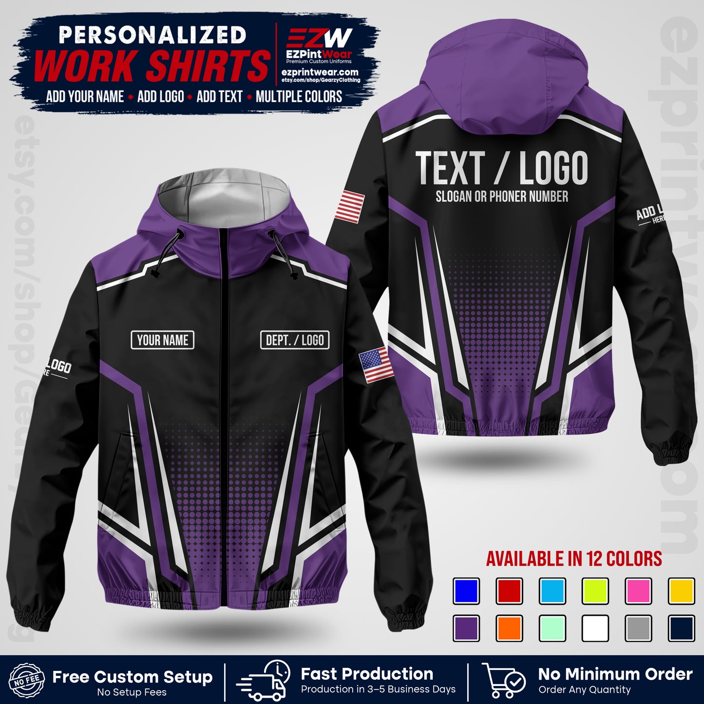 Custom Windbreaker Jacket with Name, Logo & Text, All Over Print Company Workwear, Employee Uniform WBJK17