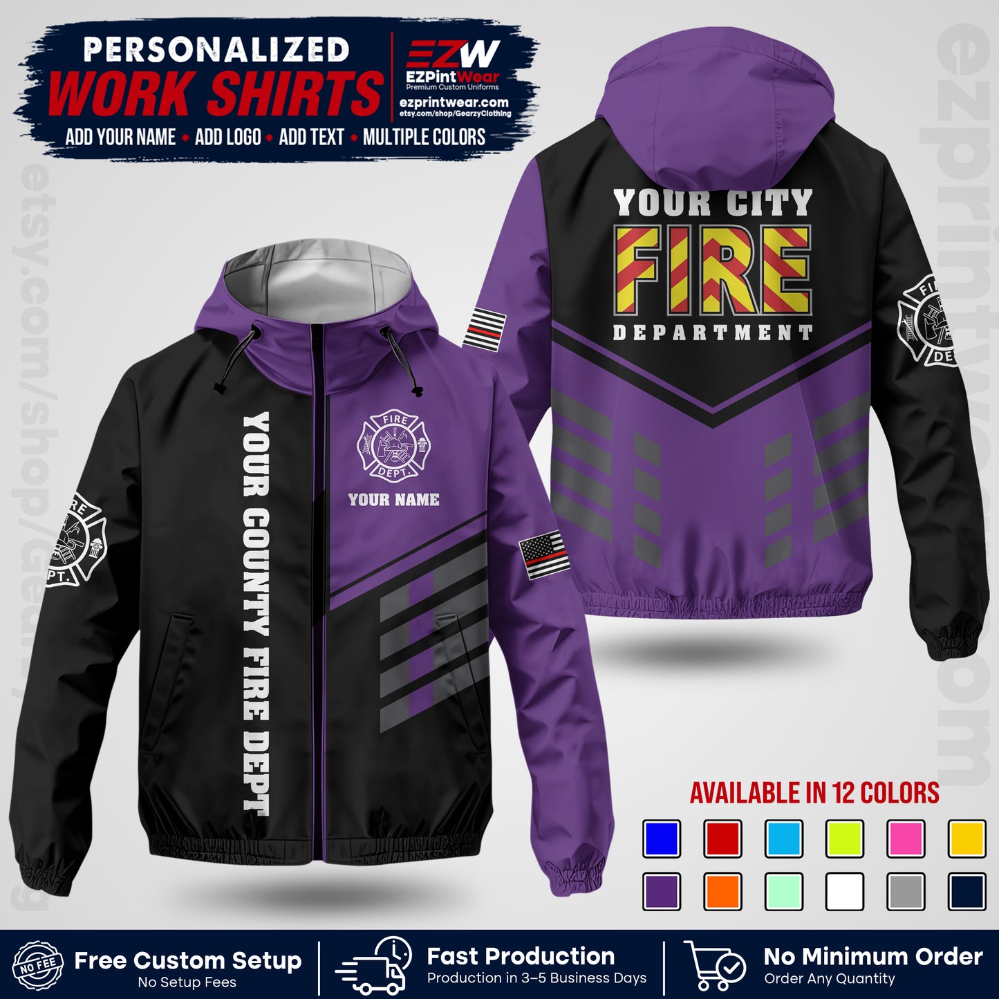 Custom Firefighter Windbreaker Jacket with Name, City Logo & Text | Fire Department Uniform | Employee Workwear FFJK06