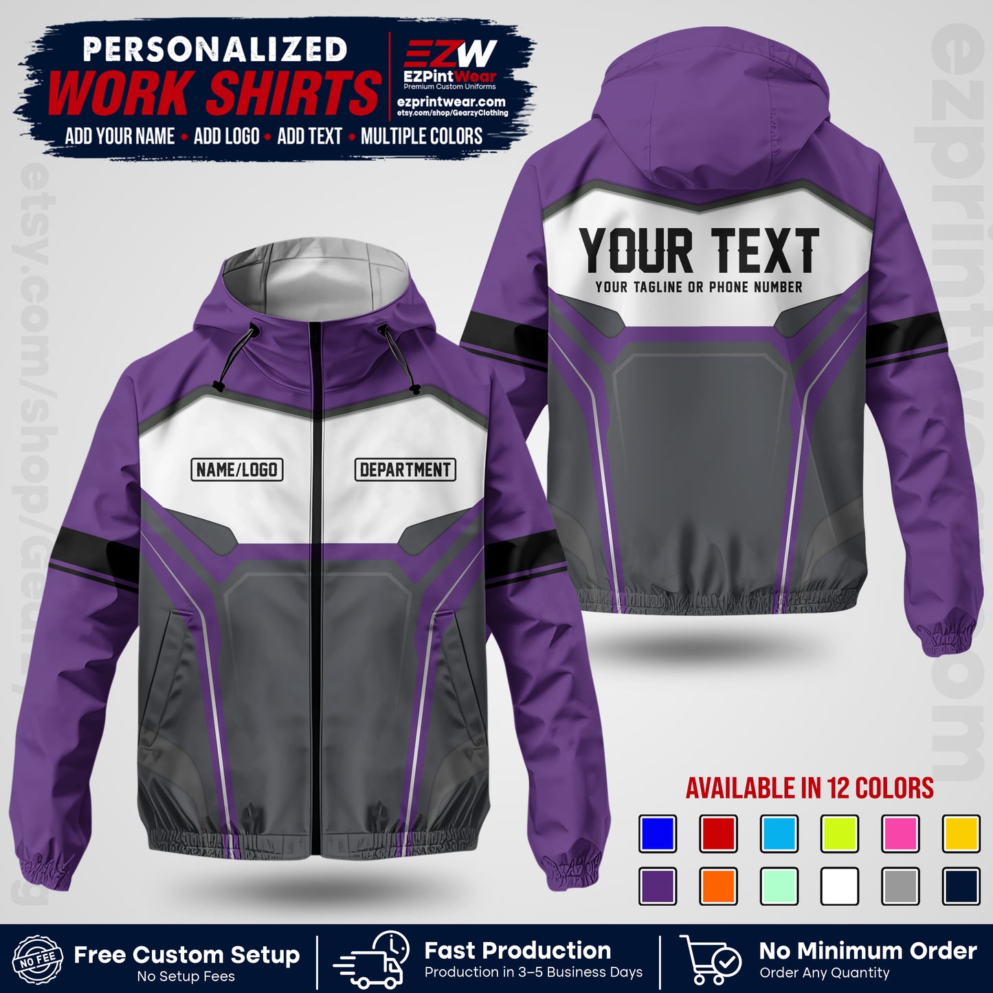 Custom Windbreaker Jacket with Name, Logo & Text, All Over Print Company Workwear, Employee Uniform WBJK06