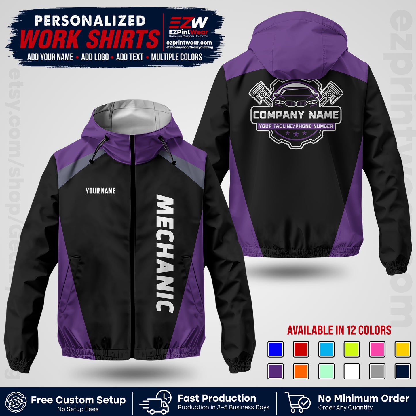 Custom Mechanic Work Shirt with Name, Logo & Text | Auto Shop Uniform | Company Workwear | Employee Uniform MCNJK02