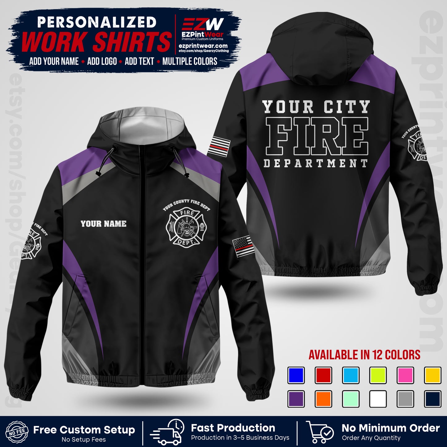 Custom Firefighter Windbreaker Jacket with Name, City Logo & Text | Fire Department Uniform | Employee Workwear FFJK02