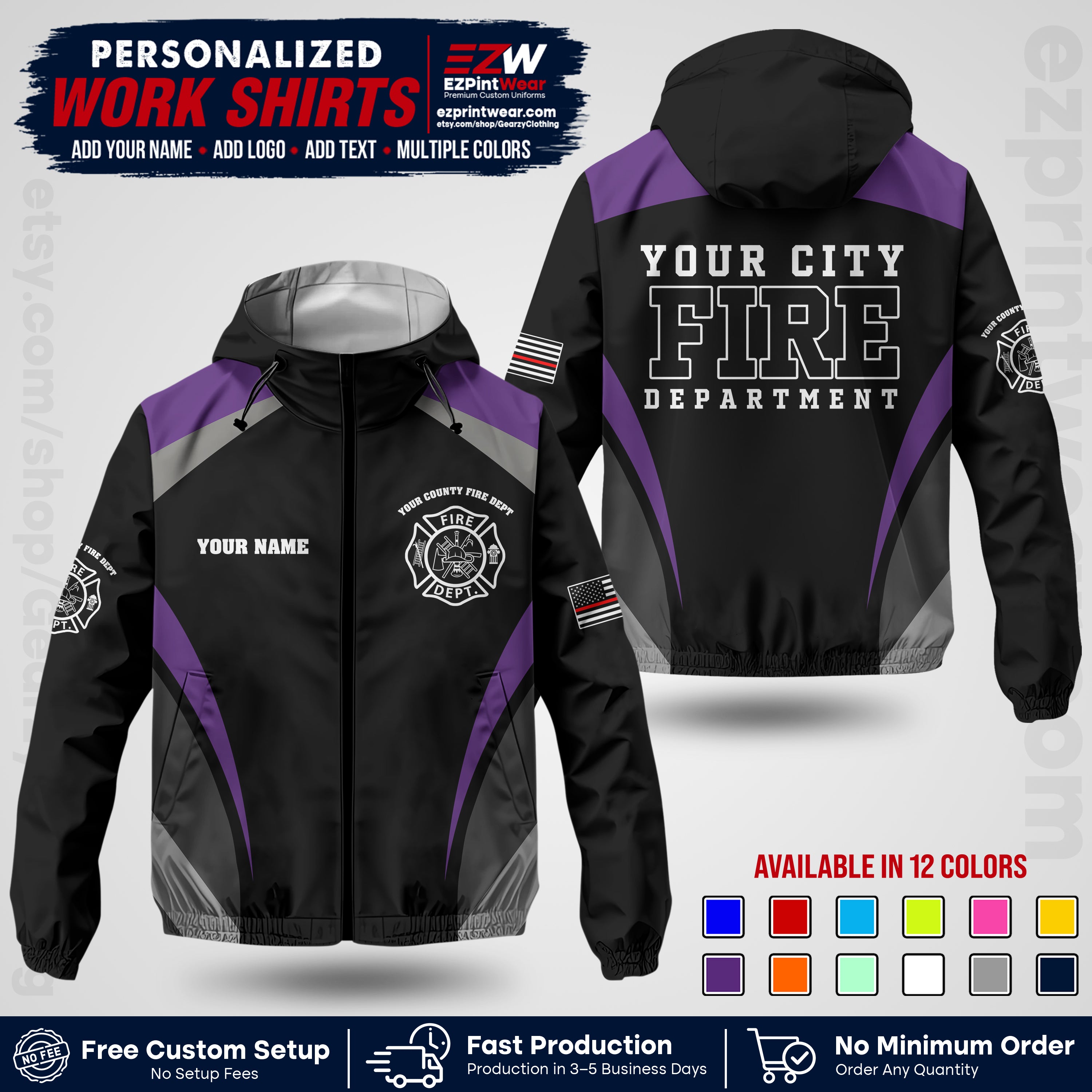 Custom Firefighter Windbreaker Jacket with Name, City Logo & Text | Fire Department Uniform | Employee Workwear FFJK02