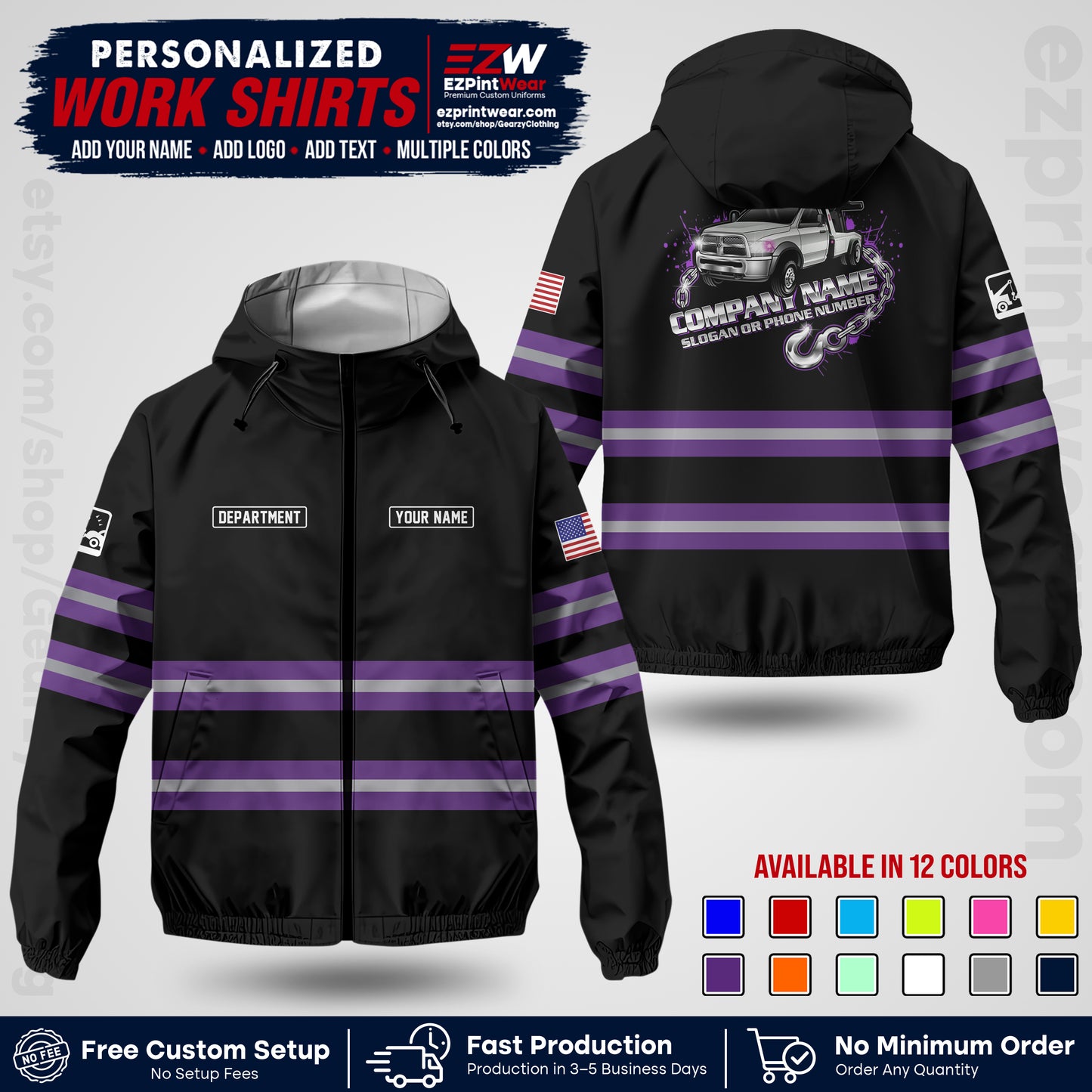Custom Towing Windbreaker Jacket | Personalized Tow Truck Workwear | Non-Reflective Safety Stripe Jacket | Add Name Logo Text | Custom Windbreaker Jacket | Tow Truck Jacket TWJK 05