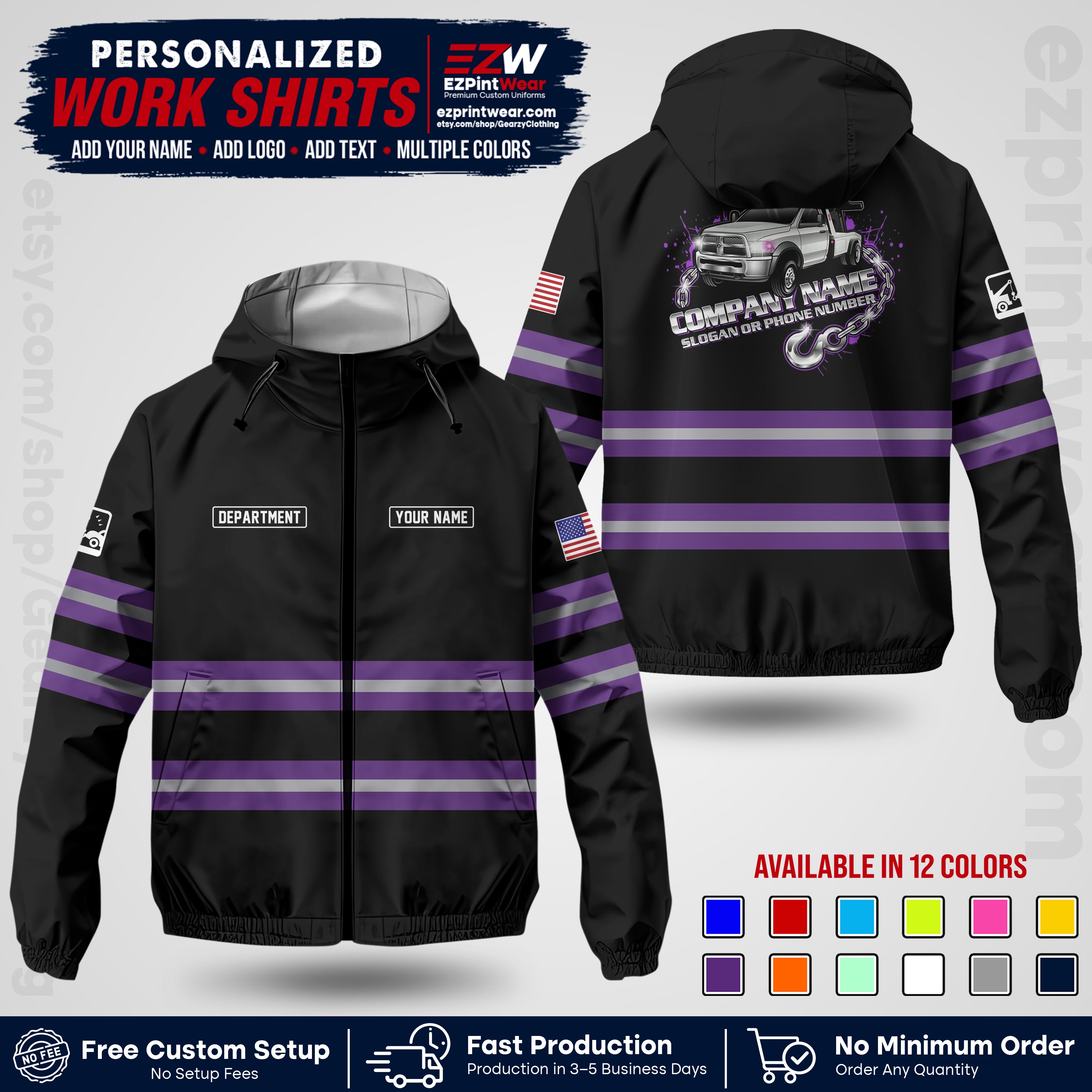 Custom Towing Windbreaker Jacket | Personalized Tow Truck Workwear | Non-Reflective Safety Stripe Jacket | Add Name Logo Text | Custom Windbreaker Jacket | Tow Truck Jacket TWJK 05