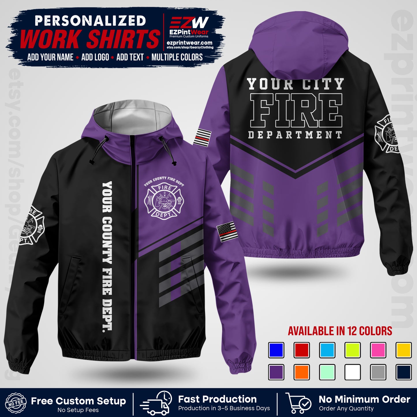 Custom Firefighter Windbreaker Jacket with Name, City Logo & Text | Fire Department Uniform | Employee Workwear FFJK03