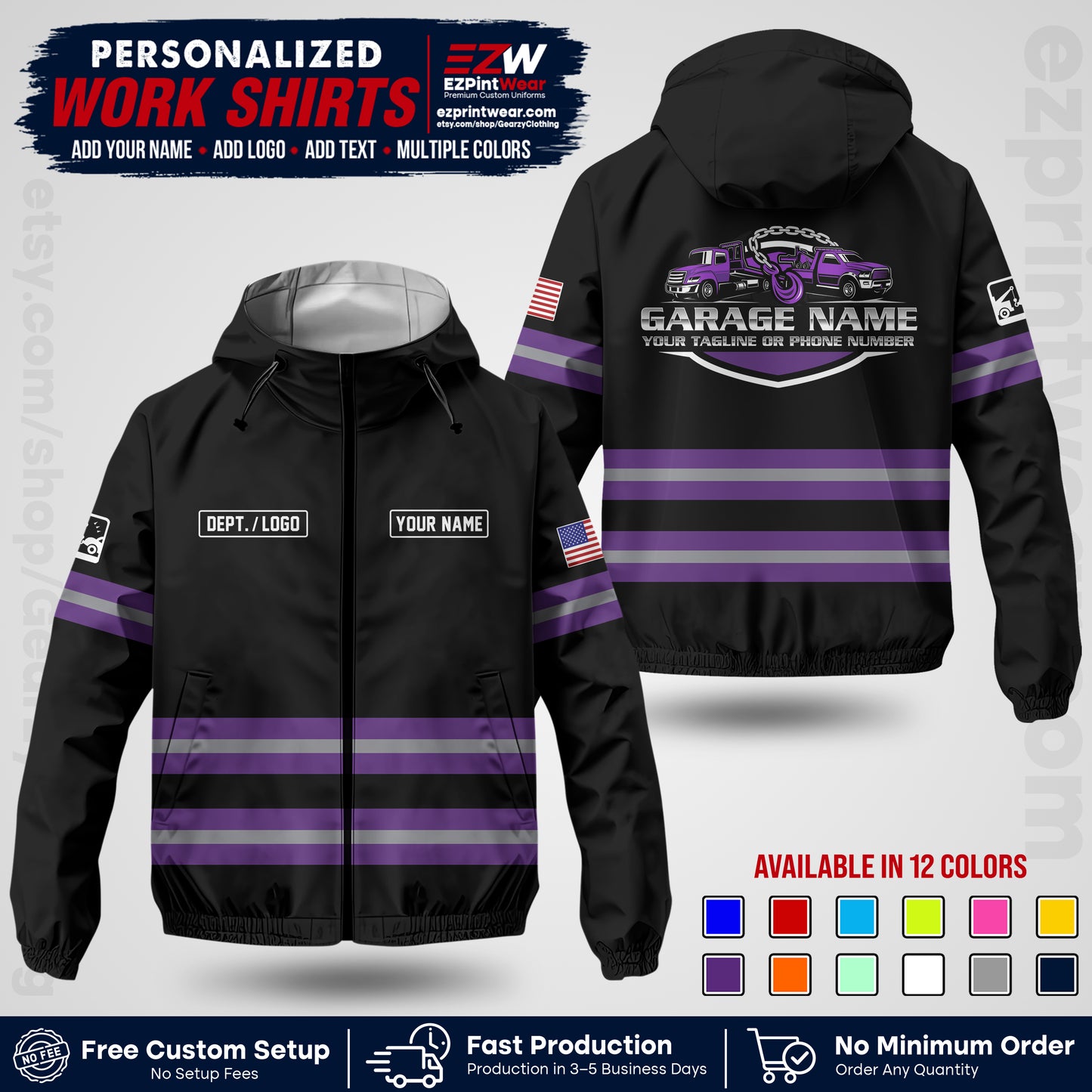 Custom Towing Windbreaker Jacket | Personalized Tow Truck Workwear | Non-Reflective Safety Stripe Jacket | Add Name Logo Text | Custom Windbreaker Jacket | Tow Truck Jacket TWJK 03