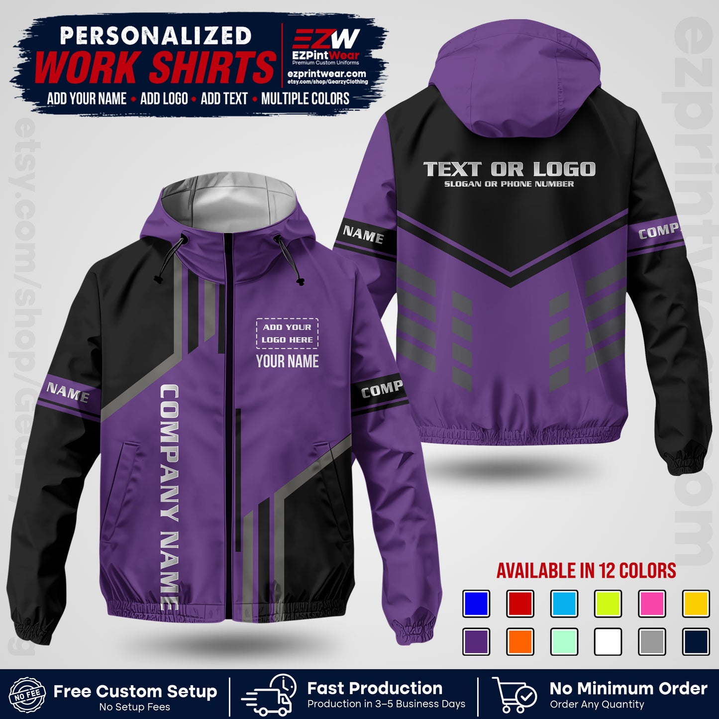 Custom Windbreaker Jacket with Name, Logo & Text, All Over Print Company Workwear, Employee Uniform WBJK10