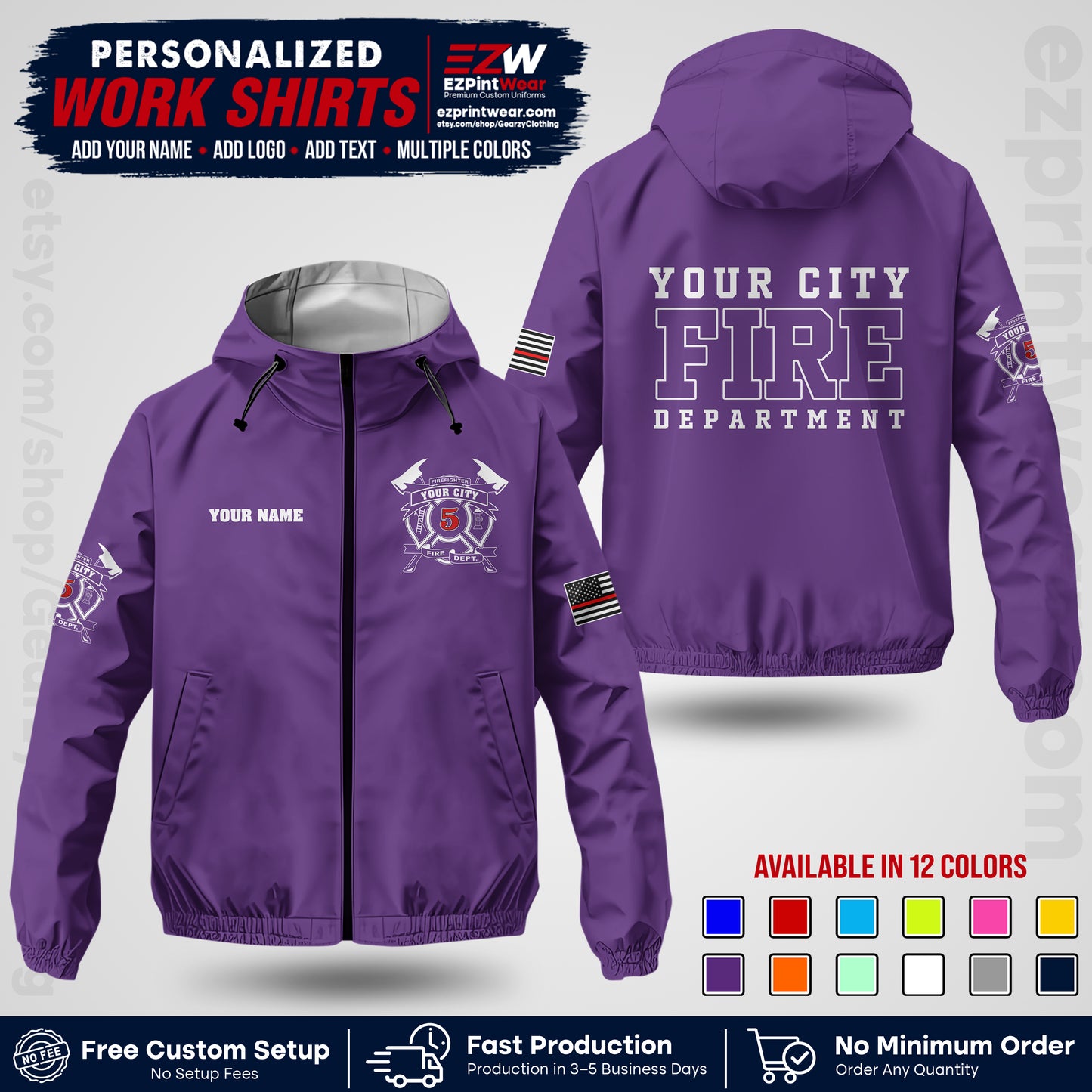 Custom Firefighter Windbreaker Jacket with Name, City Logo & Text | Fire Department Uniform | Employee Workwear FFJK07