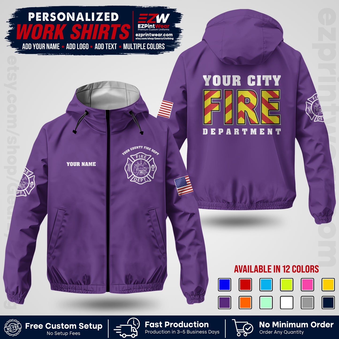 Custom Firefighter Windbreaker Jacket with Name, City Logo & Text | Fire Department Uniform | Employee Workwear FFJK05