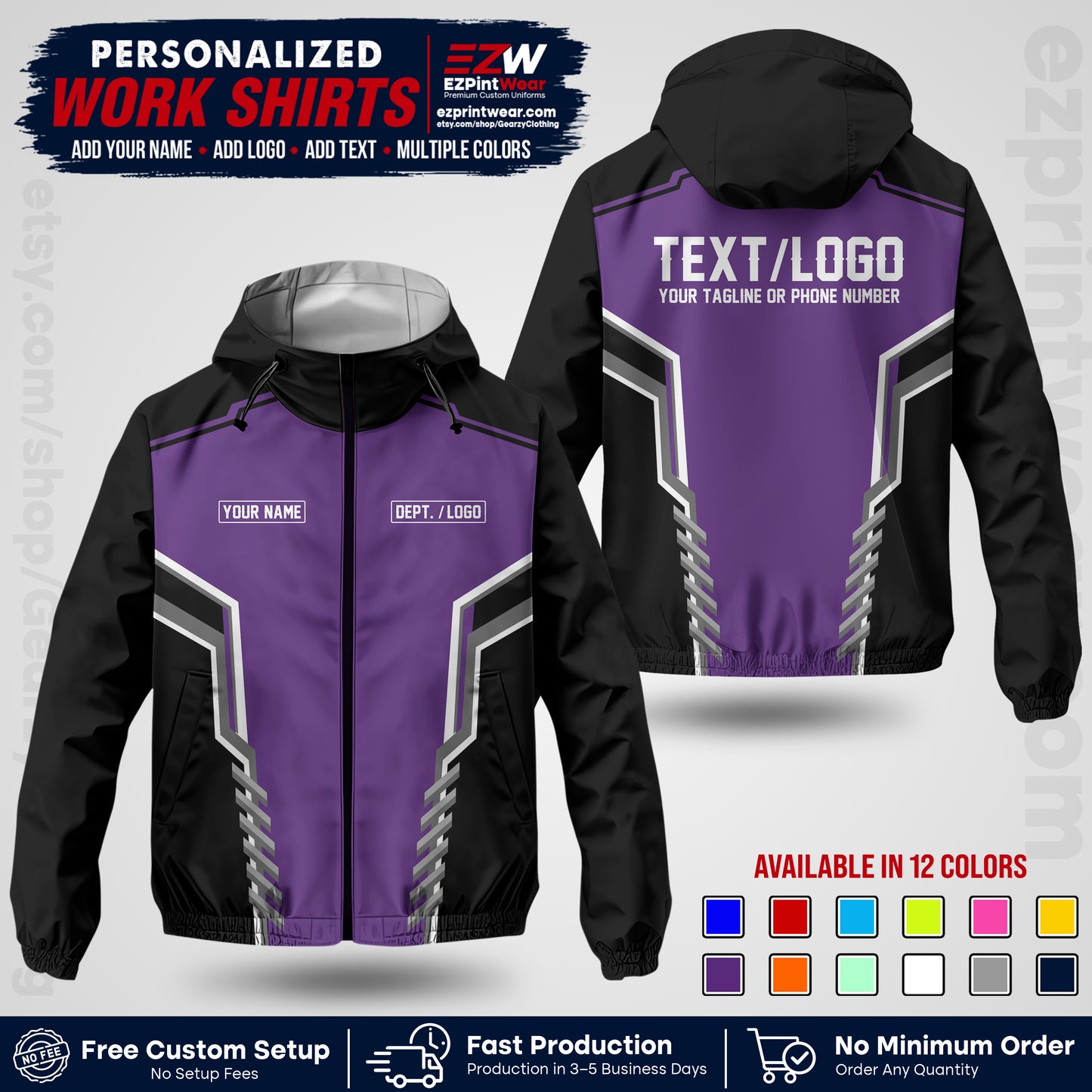 Custom Windbreaker Jacket with Name, Logo & Text, All Over Print Company Workwear, Employee Uniform WBJK15