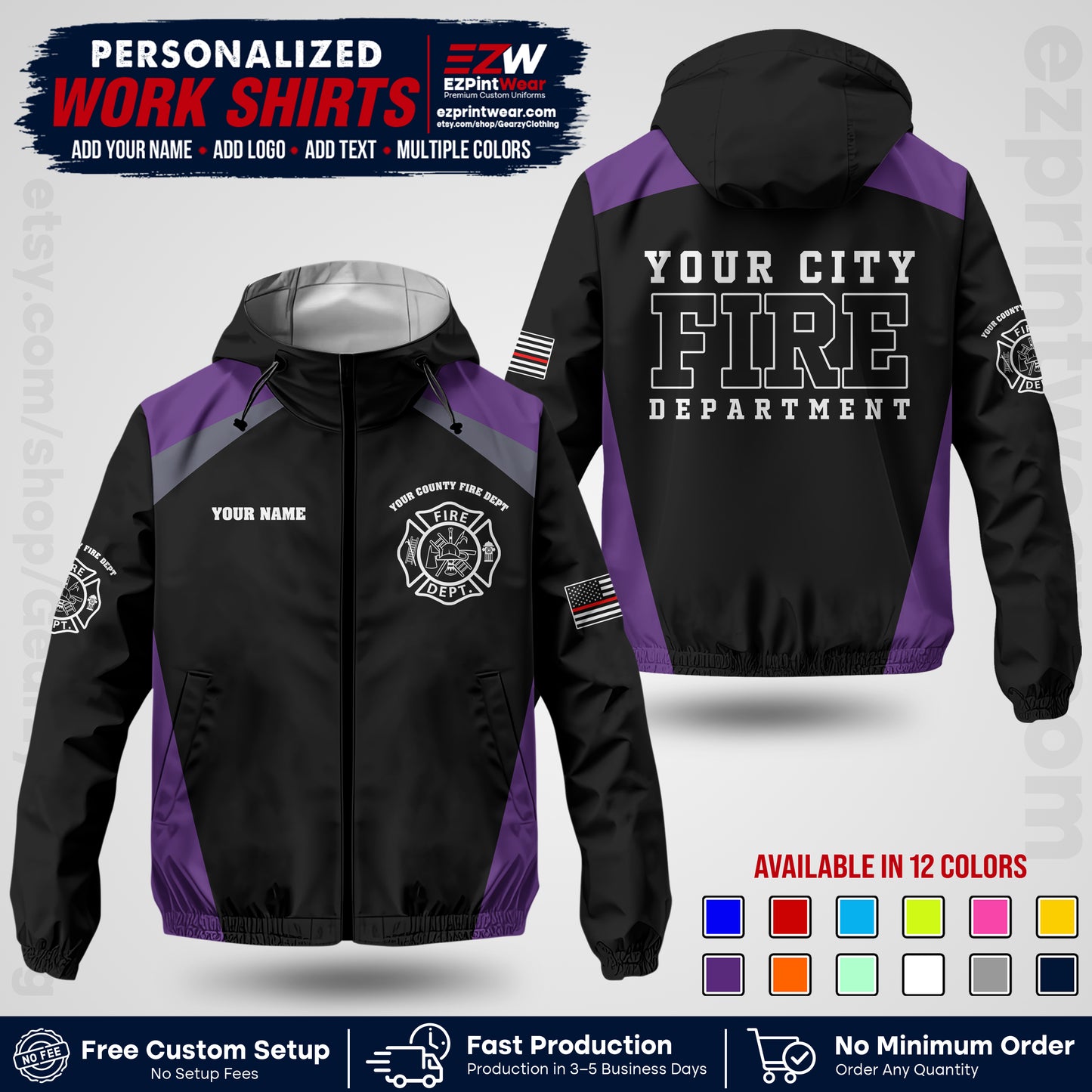 Custom Firefighter Windbreaker Jacket with Name, City Logo & Text | Fire Department Uniform | Employee Workwear FFJK04