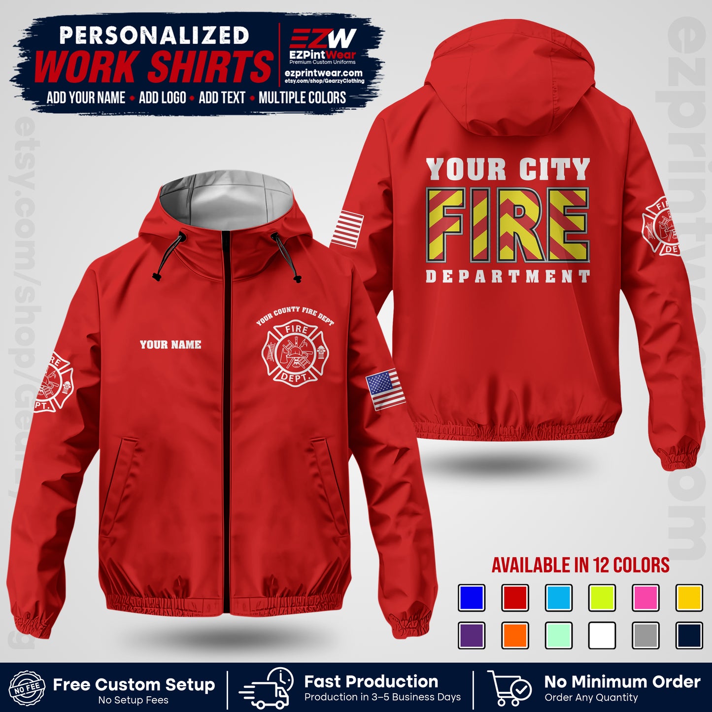 Custom Firefighter Windbreaker Jacket with Name, City Logo & Text | Fire Department Uniform | Employee Workwear FFJK05