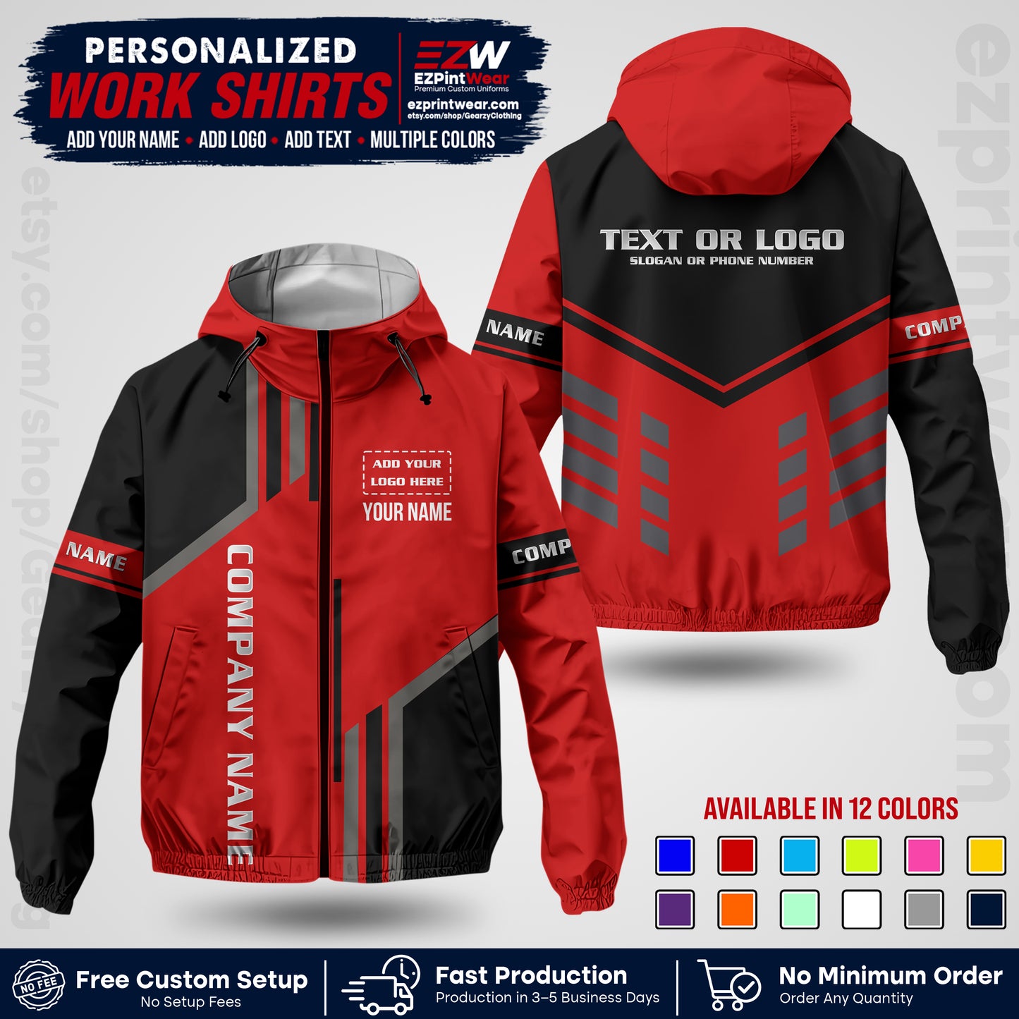 Custom Windbreaker Jacket with Name, Logo & Text, All Over Print Company Workwear, Employee Uniform WBJK10