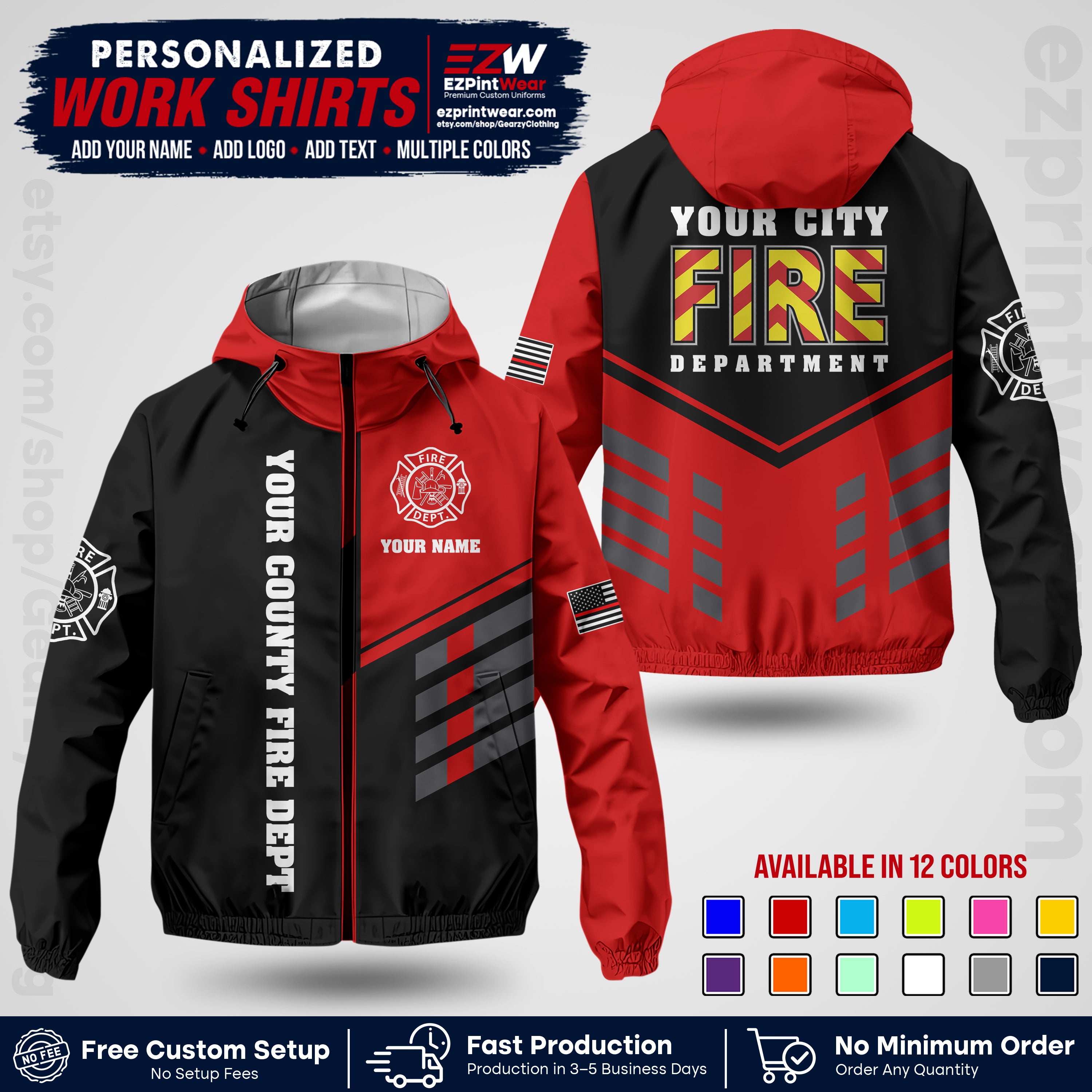 Custom Firefighter Windbreaker Jacket with Name, City Logo & Text | Fire Department Uniform | Employee Workwear FFJK06