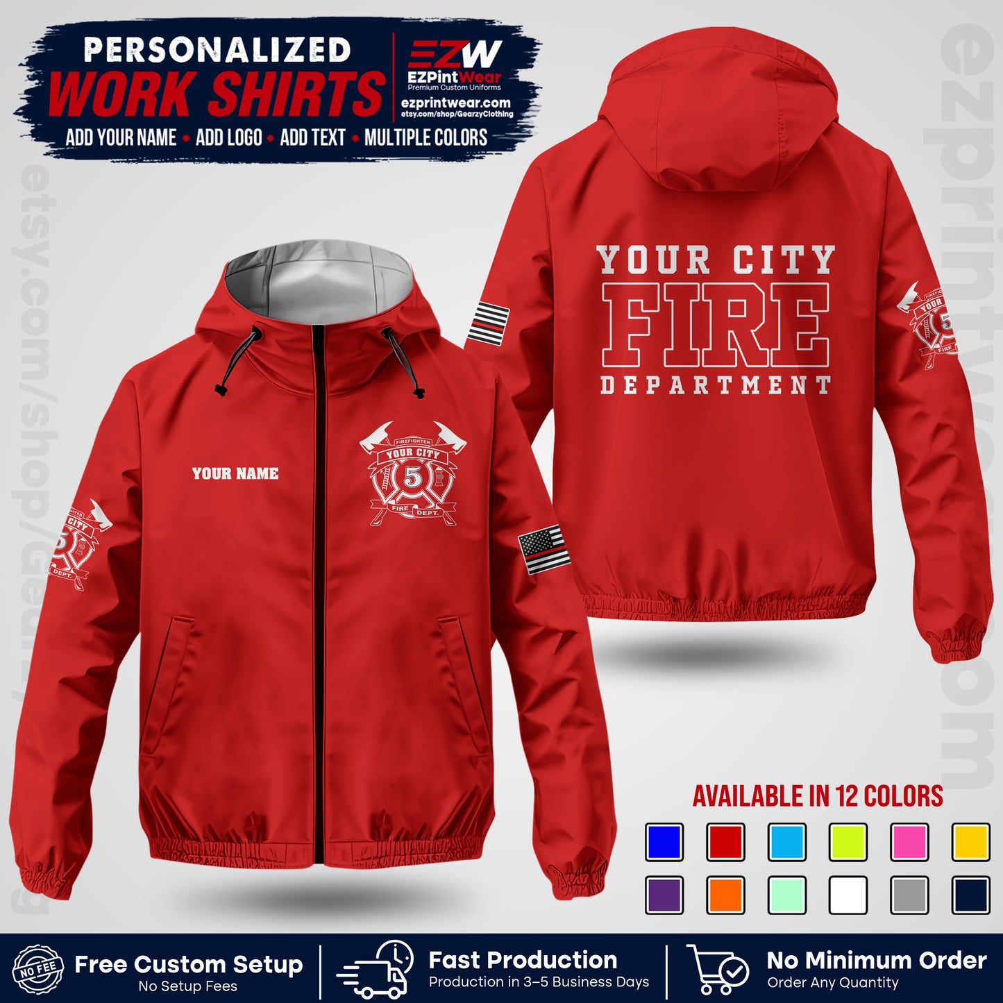 Custom Firefighter Windbreaker Jacket with Name, City Logo & Text | Fire Department Uniform | Employee Workwear FFJK07