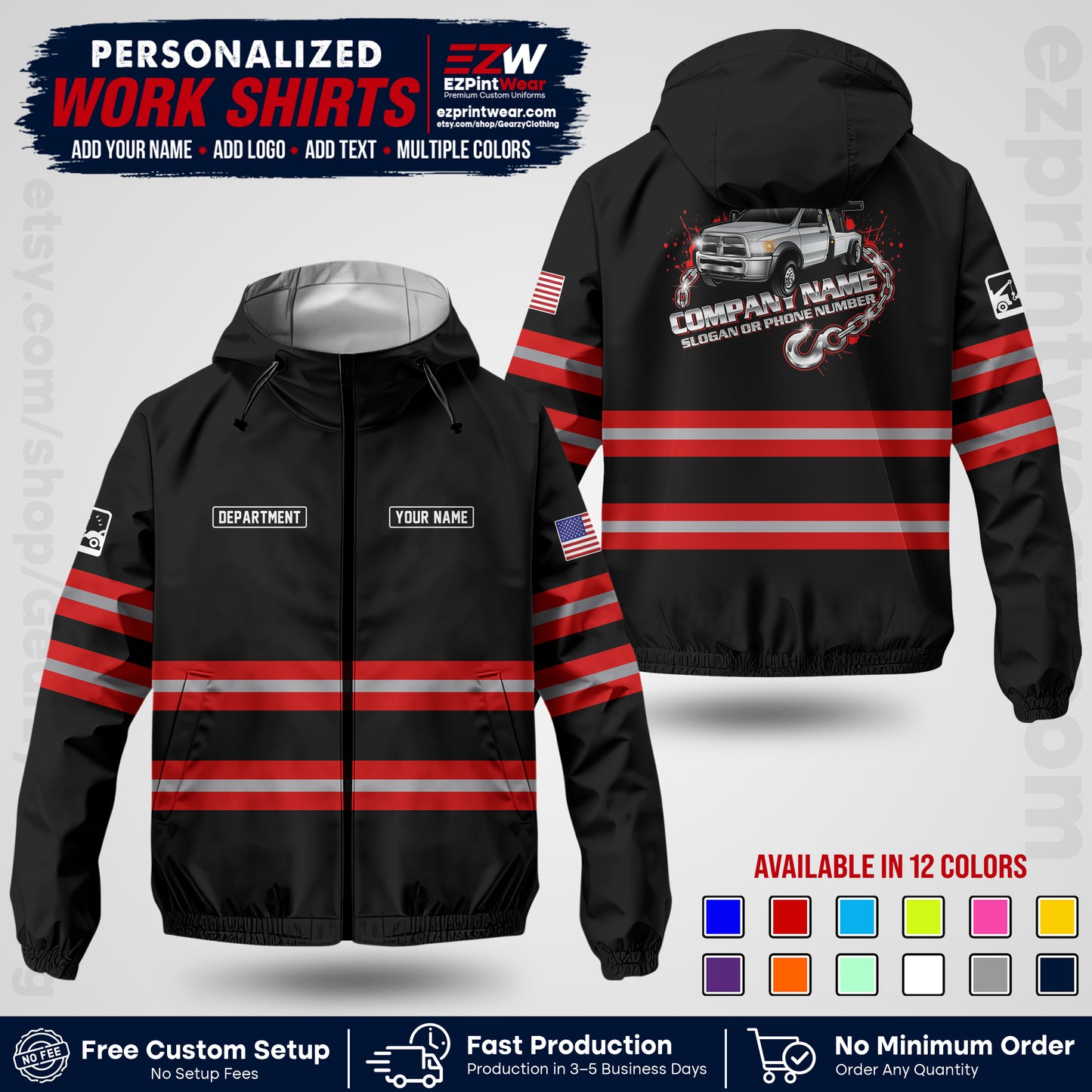 Custom Towing Windbreaker Jacket | Personalized Tow Truck Workwear | Non-Reflective Safety Stripe Jacket | Add Name Logo Text | Custom Windbreaker Jacket | Tow Truck Jacket TWJK 05
