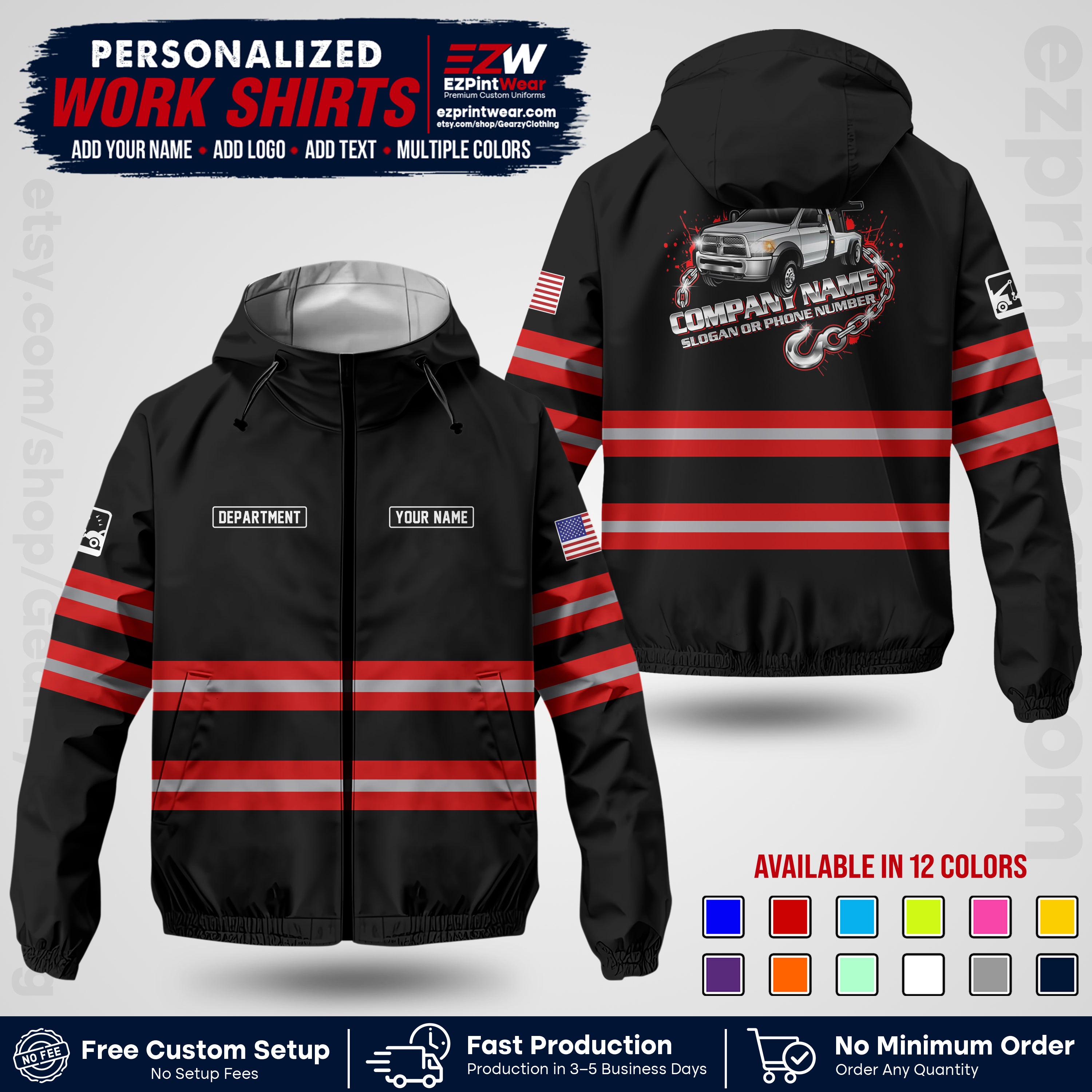 Custom Towing Windbreaker Jacket | Personalized Tow Truck Workwear | Non-Reflective Safety Stripe Jacket | Add Name Logo Text | Custom Windbreaker Jacket | Tow Truck Jacket TWJK 05