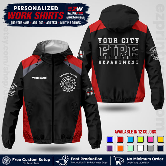 Custom Firefighter Windbreaker Jacket with Name, City Logo & Text | Fire Department Uniform | Employee Workwear FFJK04