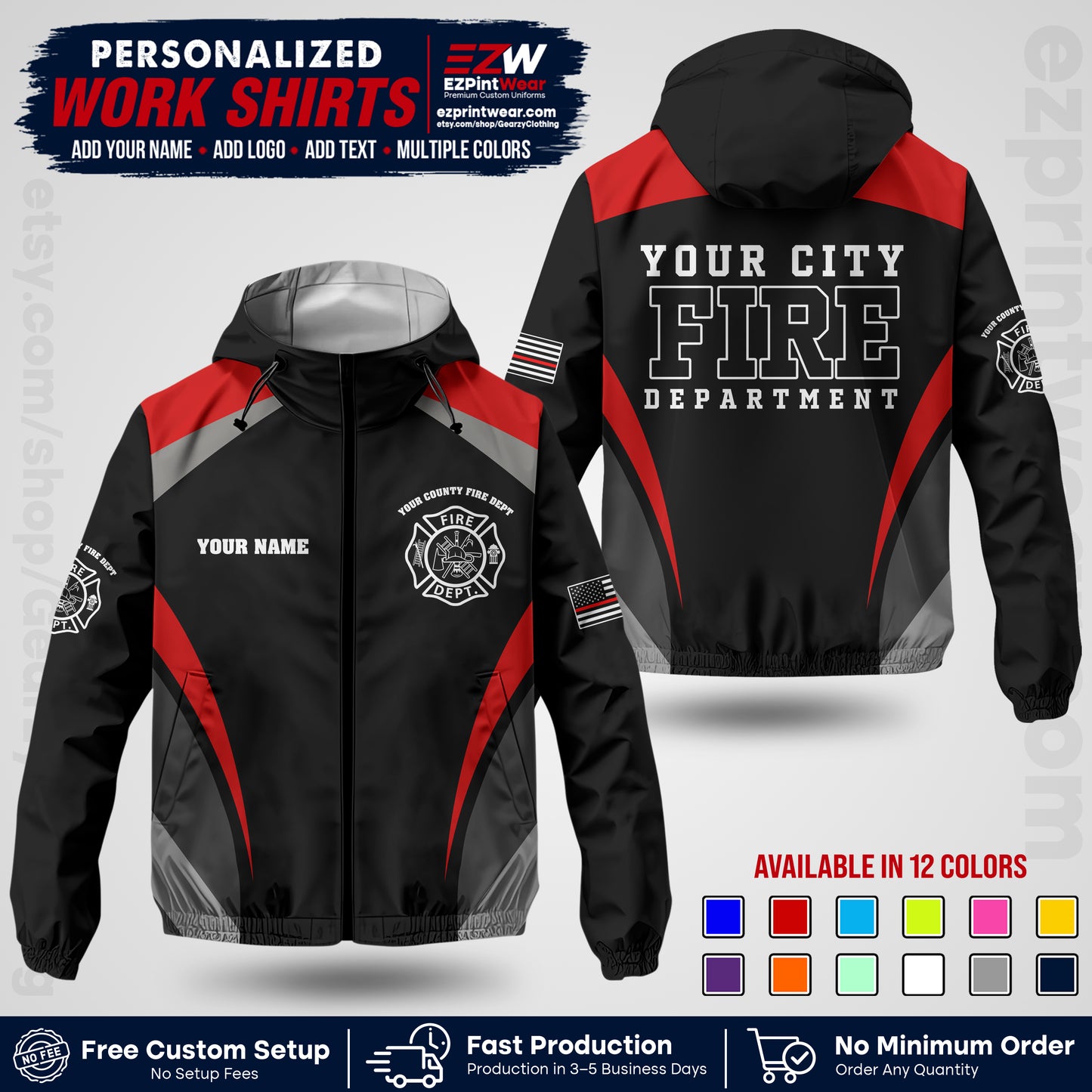 Custom Firefighter Windbreaker Jacket with Name, City Logo & Text | Fire Department Uniform | Employee Workwear FFJK02