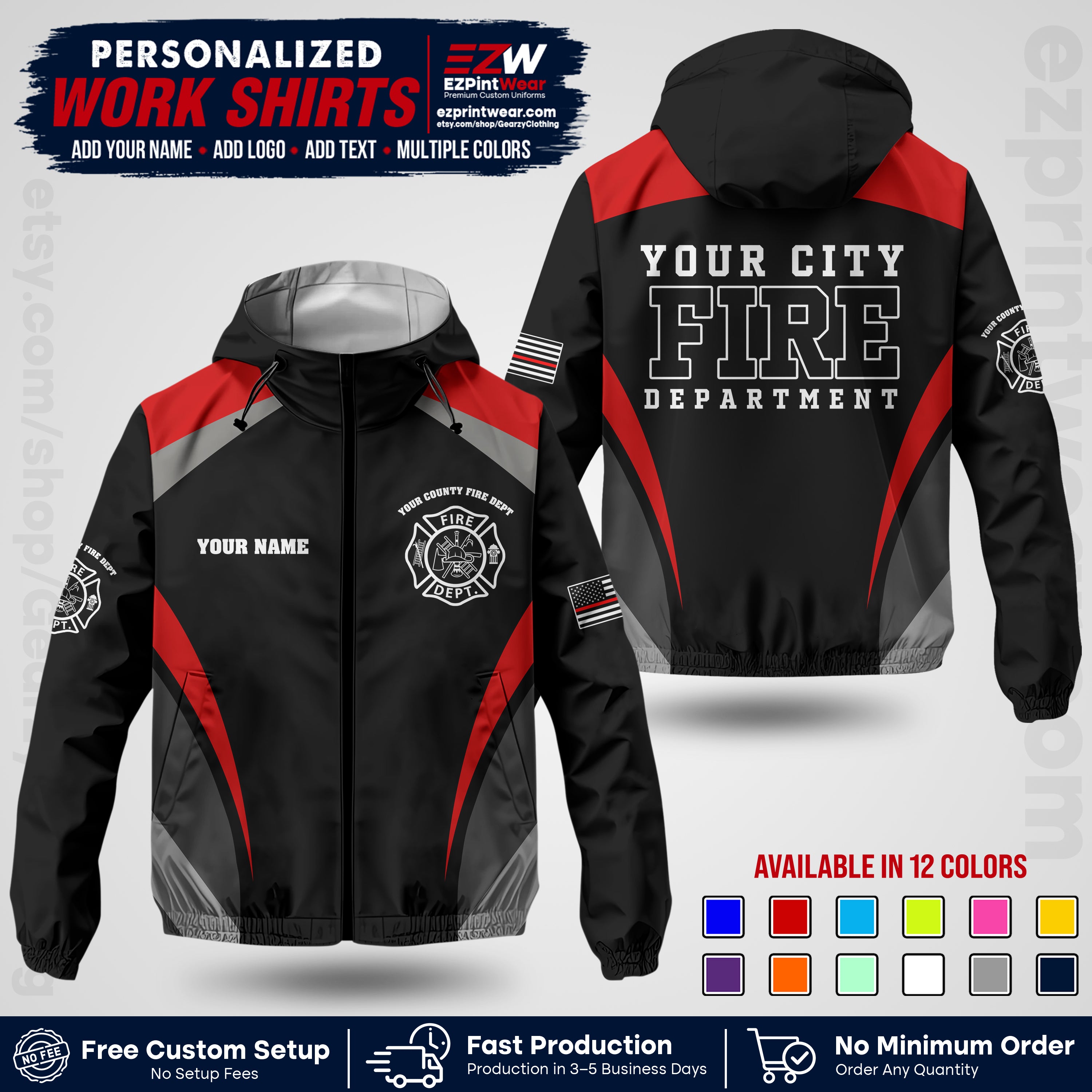 Custom Firefighter Windbreaker Jacket with Name, City Logo & Text | Fire Department Uniform | Employee Workwear FFJK02