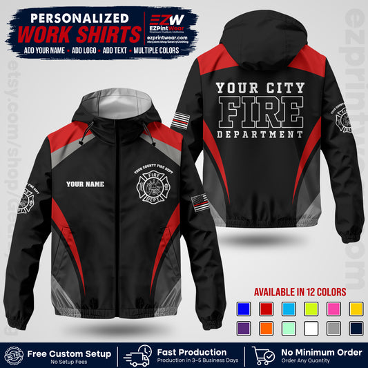 Custom Firefighter Windbreaker Jacket with Name, City Logo & Text | Fire Department Uniform | Employee Workwear FFJK02