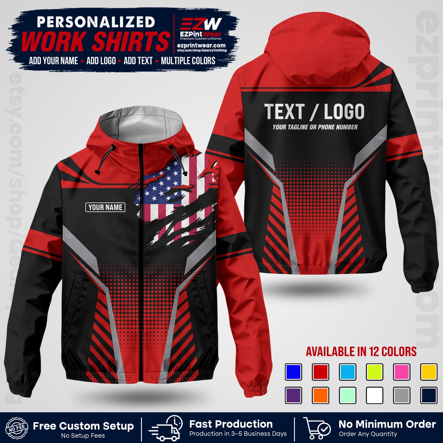 Custom Windbreaker Jacket with Name, Logo & Text, All Over Print Company Workwear, Employee Uniform WBJK07