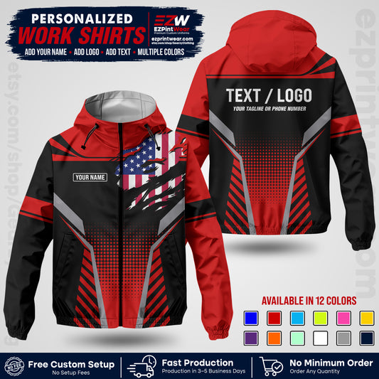 Custom Windbreaker Jacket with Name, Logo & Text, All Over Print Company Workwear, Employee Uniform WBJK07