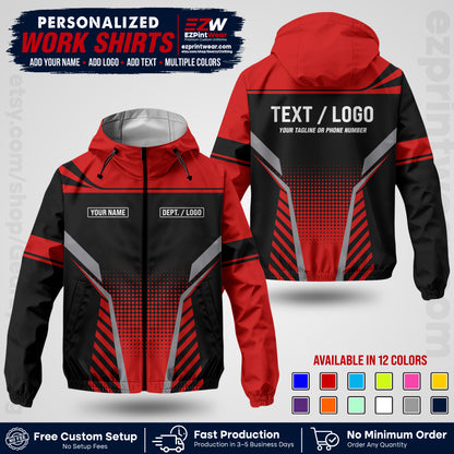 Custom Windbreaker Jacket with Name, Logo & Text, All Over Print Company Workwear, Employee Uniform WBJK08