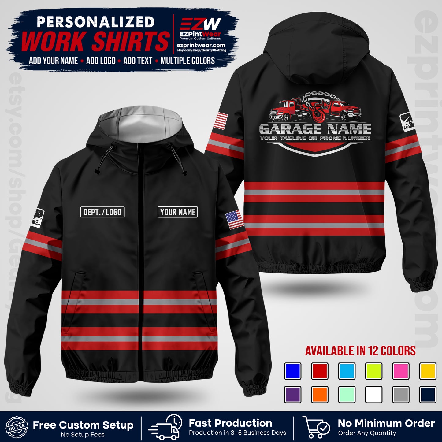 Custom Towing Windbreaker Jacket | Personalized Tow Truck Workwear | Non-Reflective Safety Stripe Jacket | Add Name Logo Text | Custom Windbreaker Jacket | Tow Truck Jacket TWJK 03