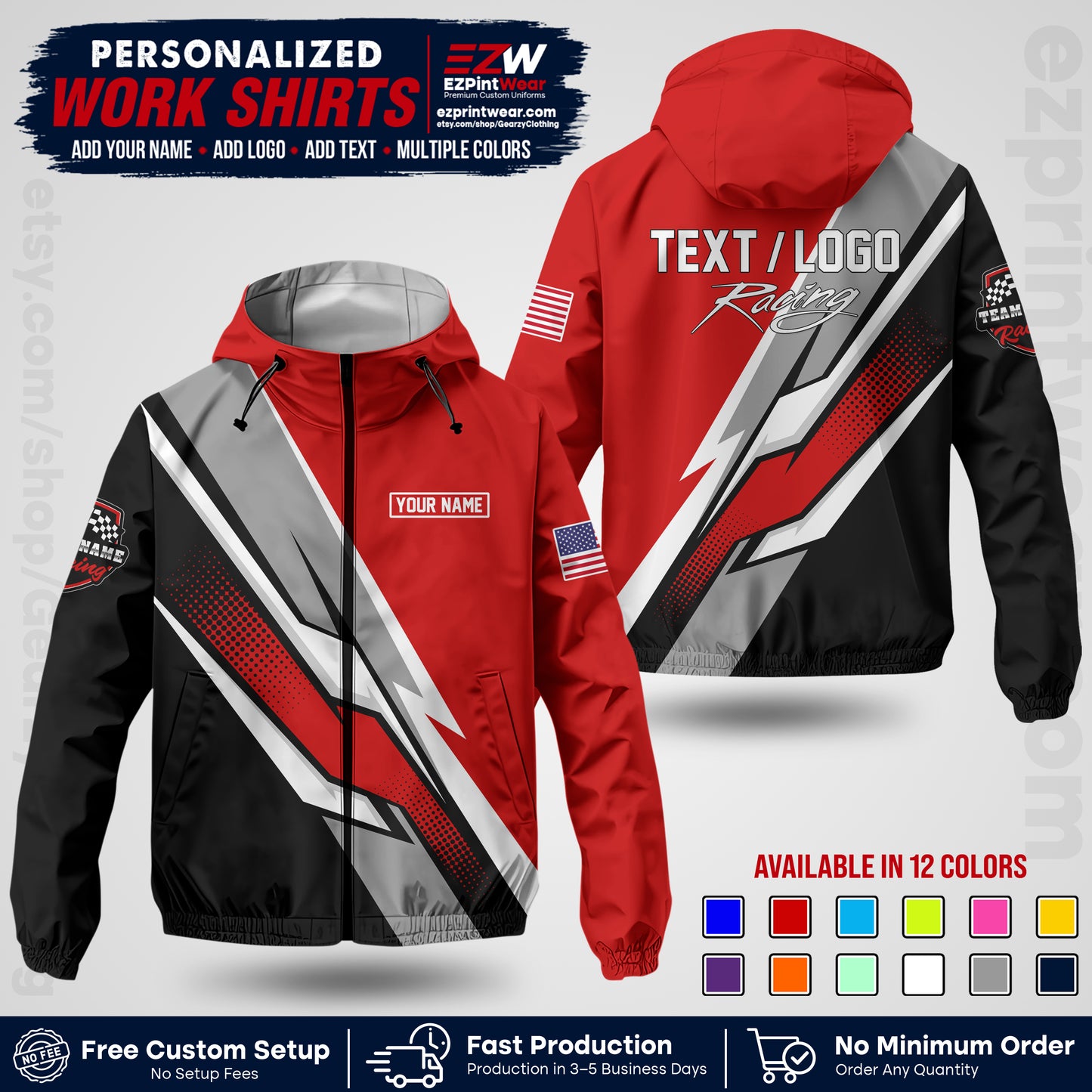 Custom Racing Windbreaker Jacket with Name, Logo & Text | Race Team Uniform | Motorsport Apparel RCJK01