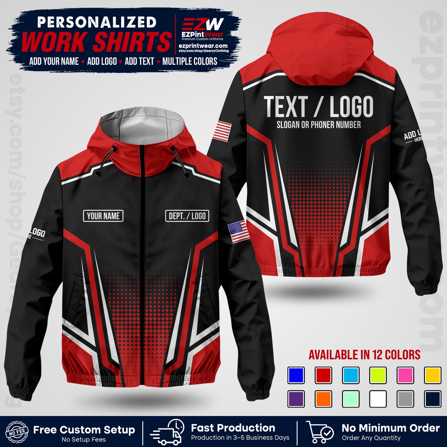 Custom Windbreaker Jacket with Name, Logo & Text, All Over Print Company Workwear, Employee Uniform WBJK17