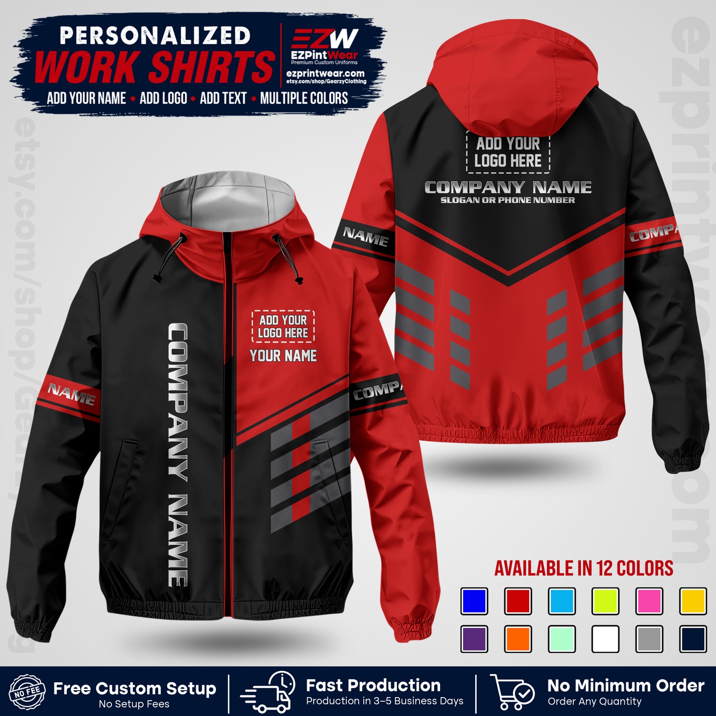 Custom Windbreaker Jacket with Name, Logo & Text, All Over Print Company Workwear, Employee Uniform WBJK09