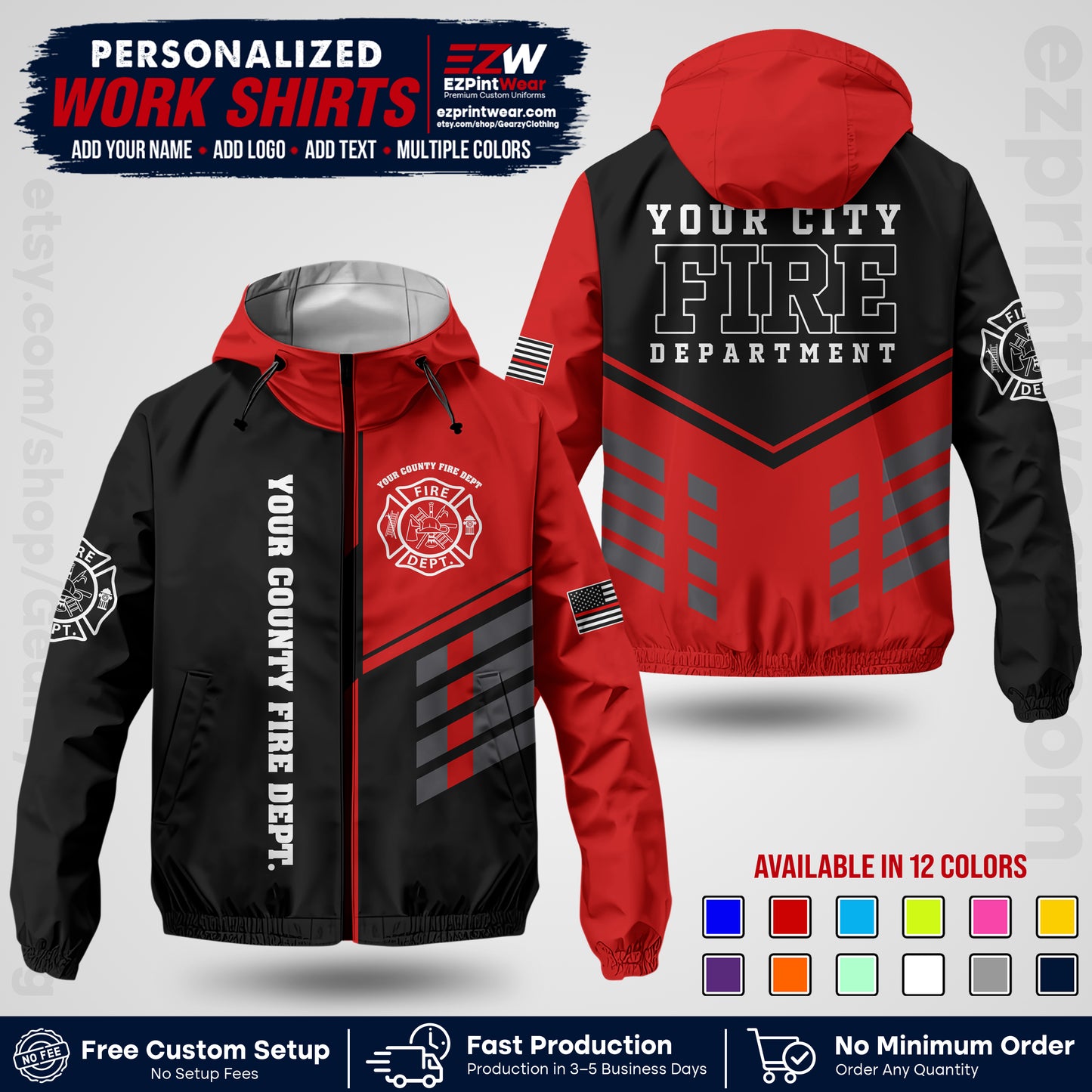 Custom Firefighter Windbreaker Jacket with Name, City Logo & Text | Fire Department Uniform | Employee Workwear FFJK03