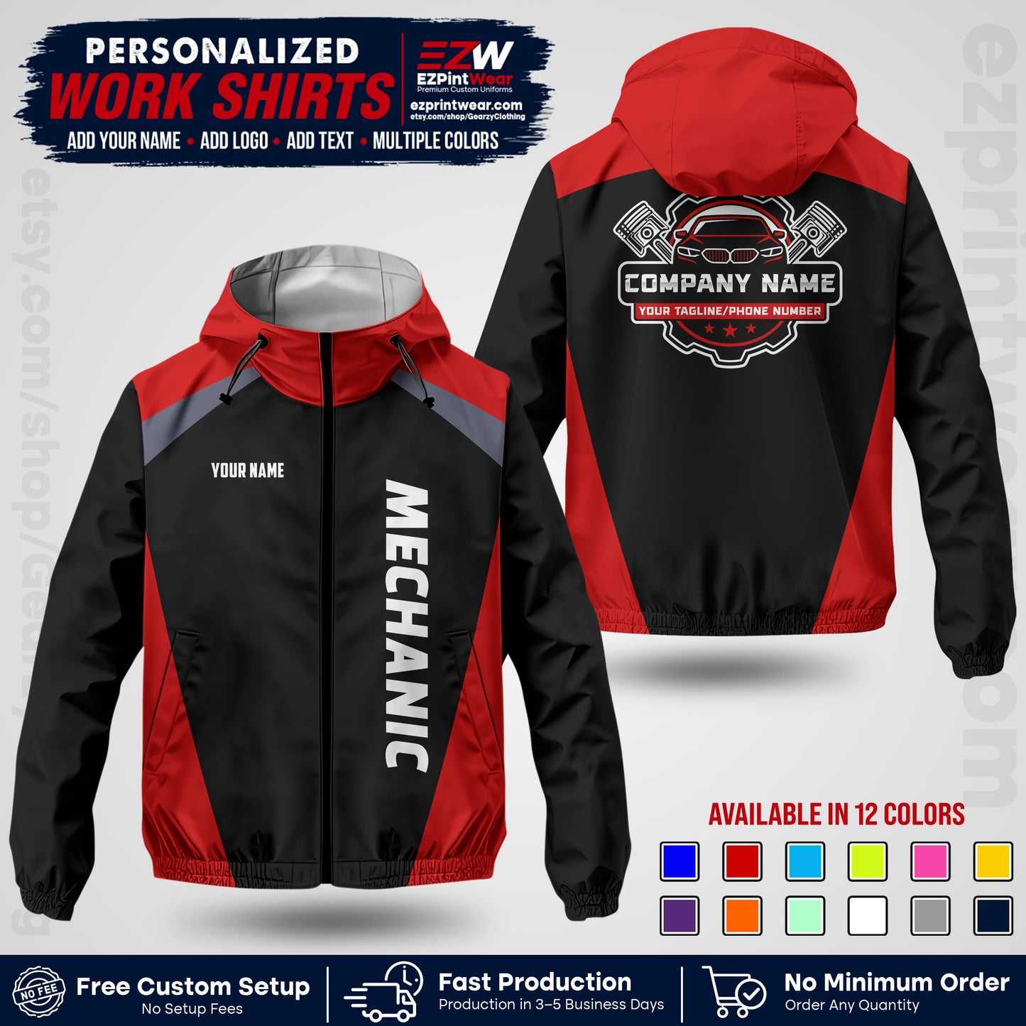 Custom Mechanic Work Shirt with Name, Logo & Text | Auto Shop Uniform | Company Workwear | Employee Uniform MCNJK02
